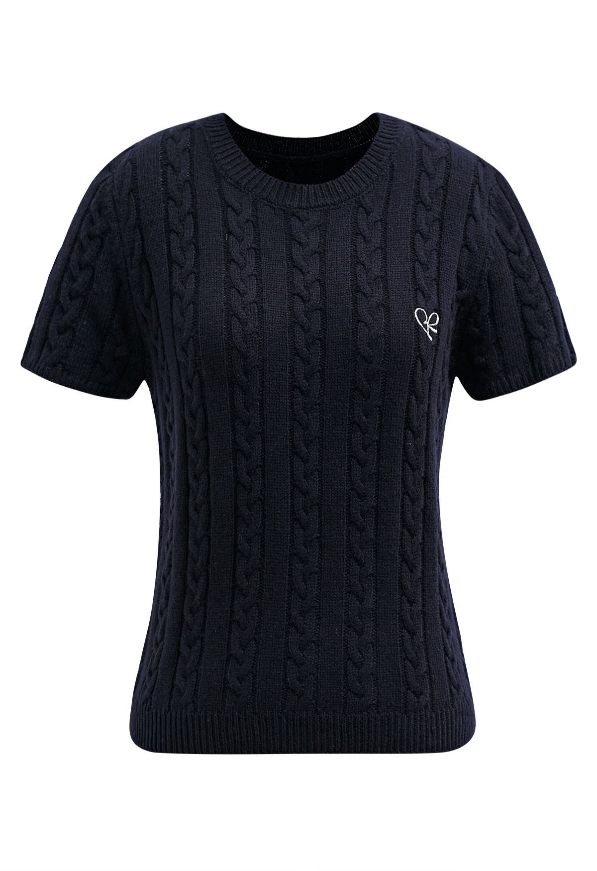 Embroidered Heart Braided Short-Sleeve Sweater in Navy