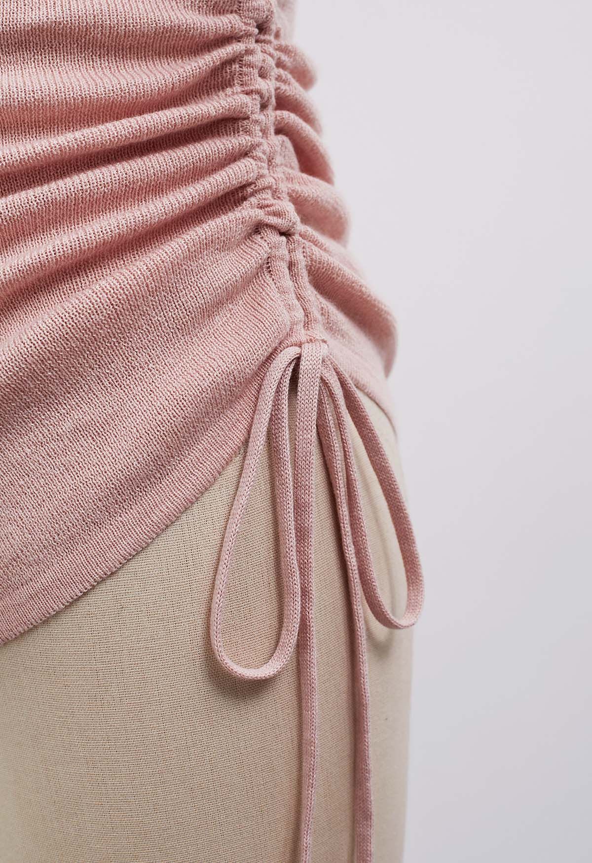 Side Bowknot Decor Drawstring Waist Knit Top in Pink