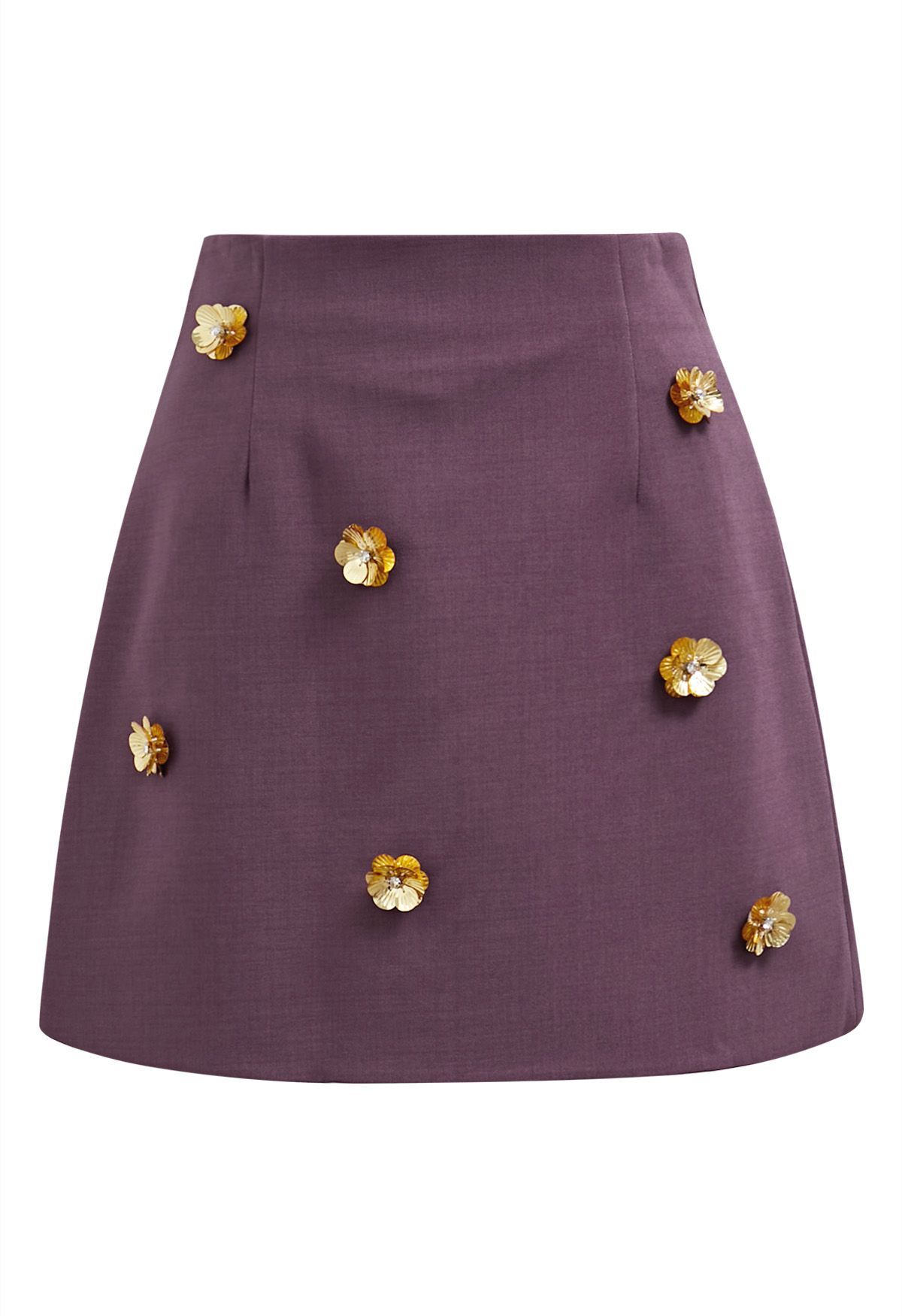 3D Golden Flower Embellished Mini Skirt in Violet