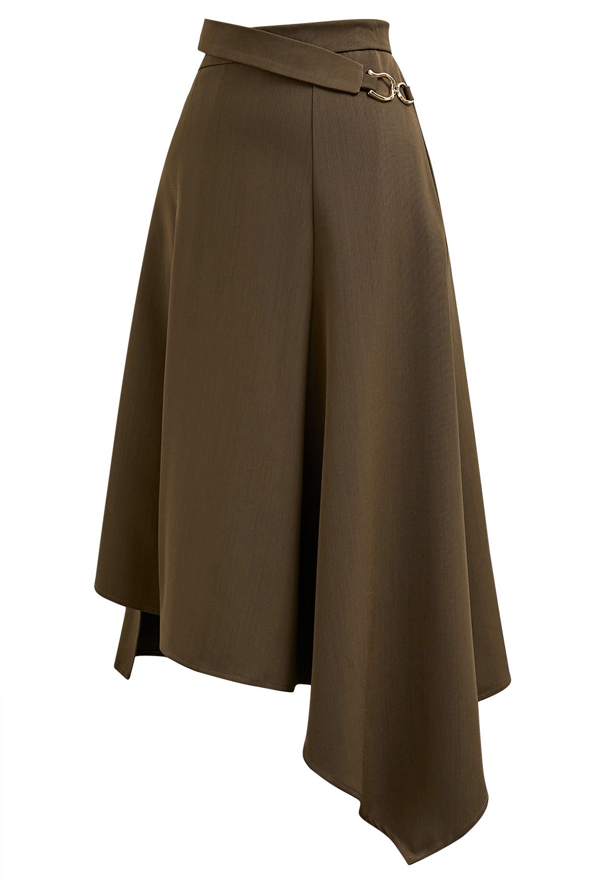 Belt Trim Asymmetry Flowy Midi Skirt in Khaki