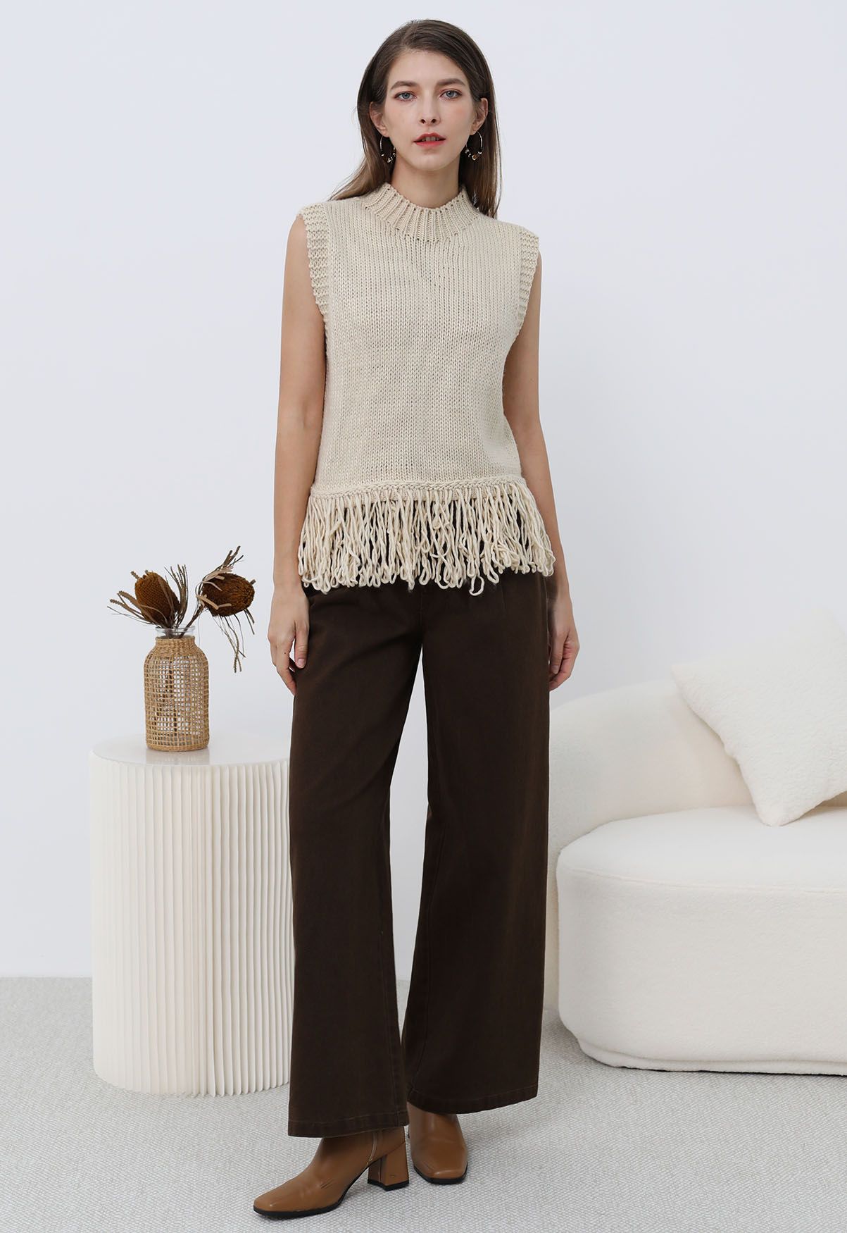 Intriguing Fringed Mock Neck Sleeveless Knit Top