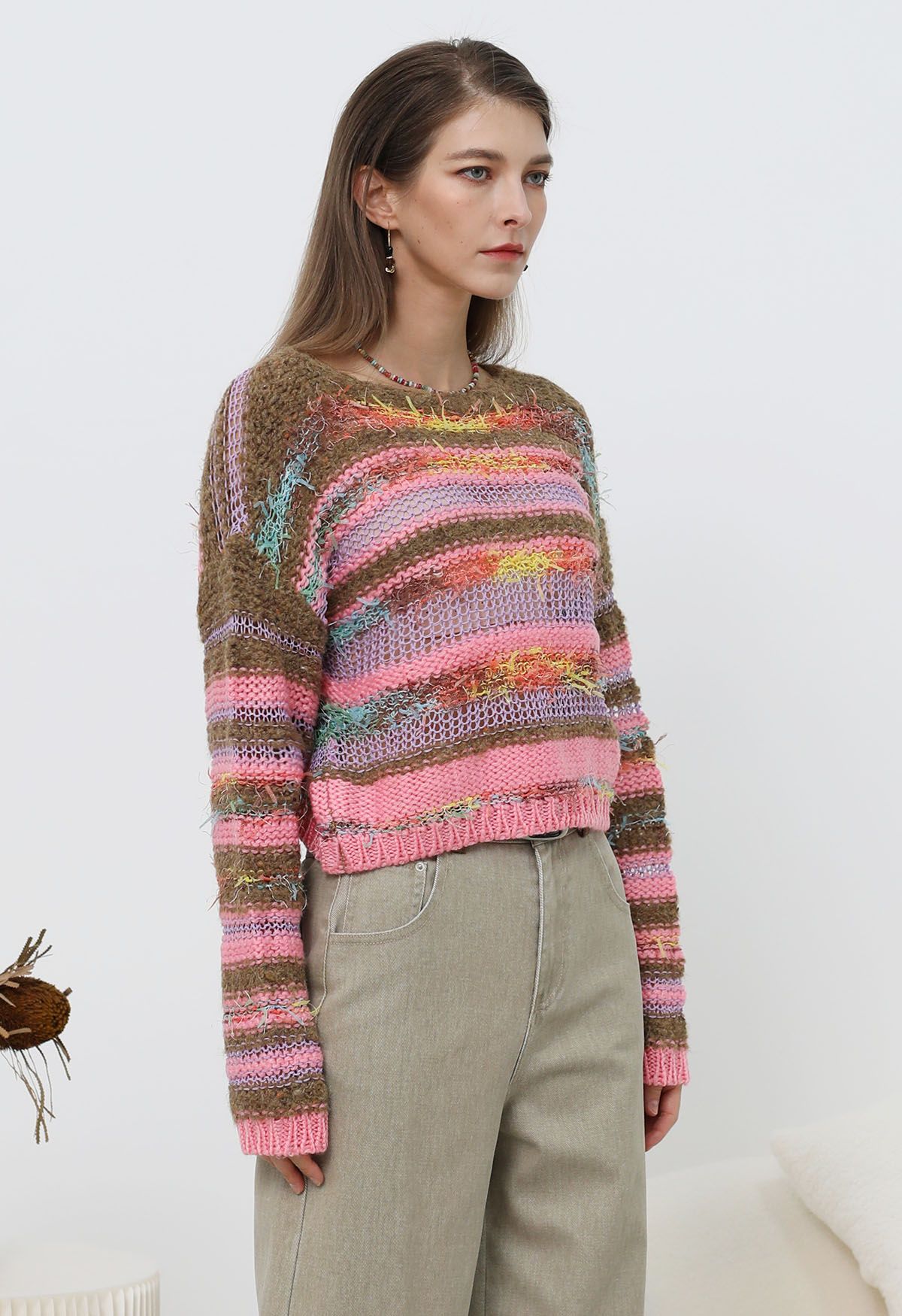 Multicolored Stripe Pointelle Fringed Knit Sweater in Pink