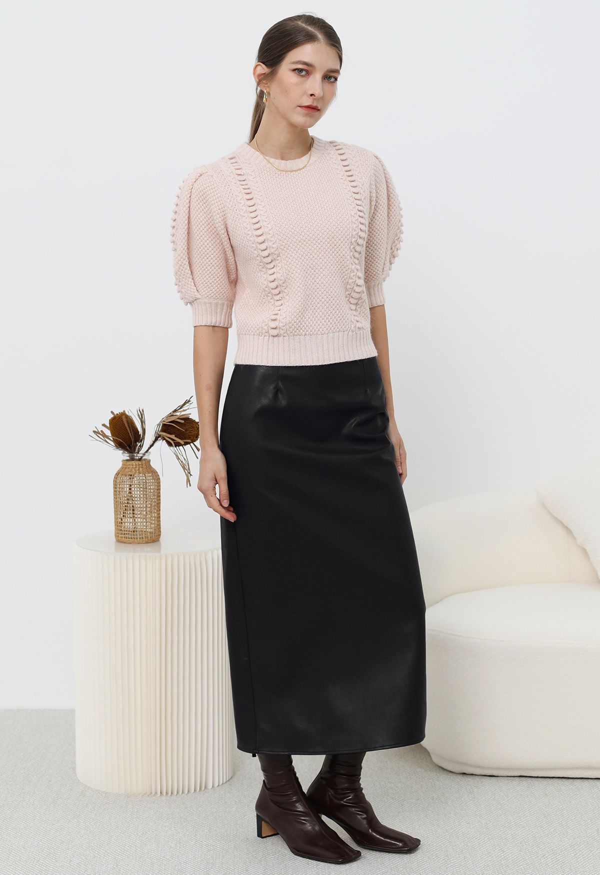 Smooth Silhouette Faux Leather Split Maxi Skirt in Black