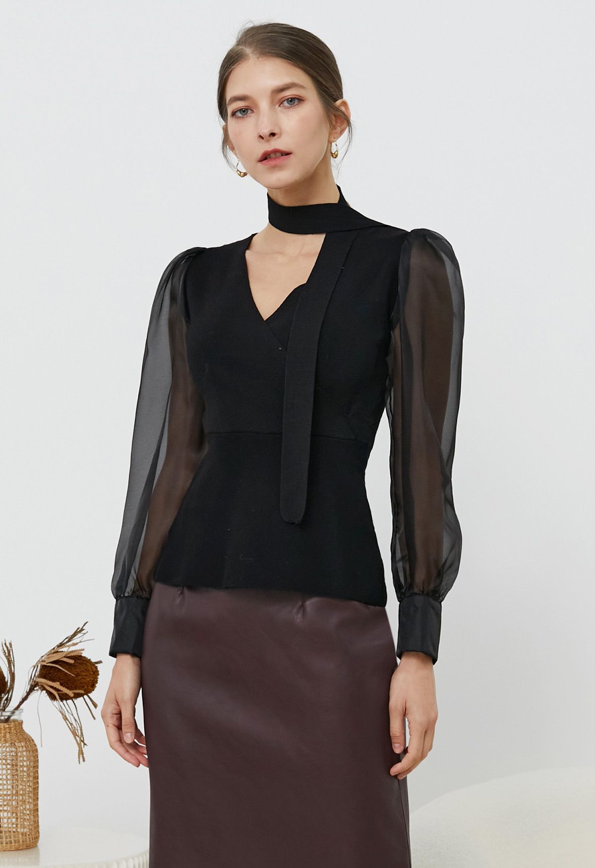 Sheer Sleeves Spliced Knit Top with Scarf in Black