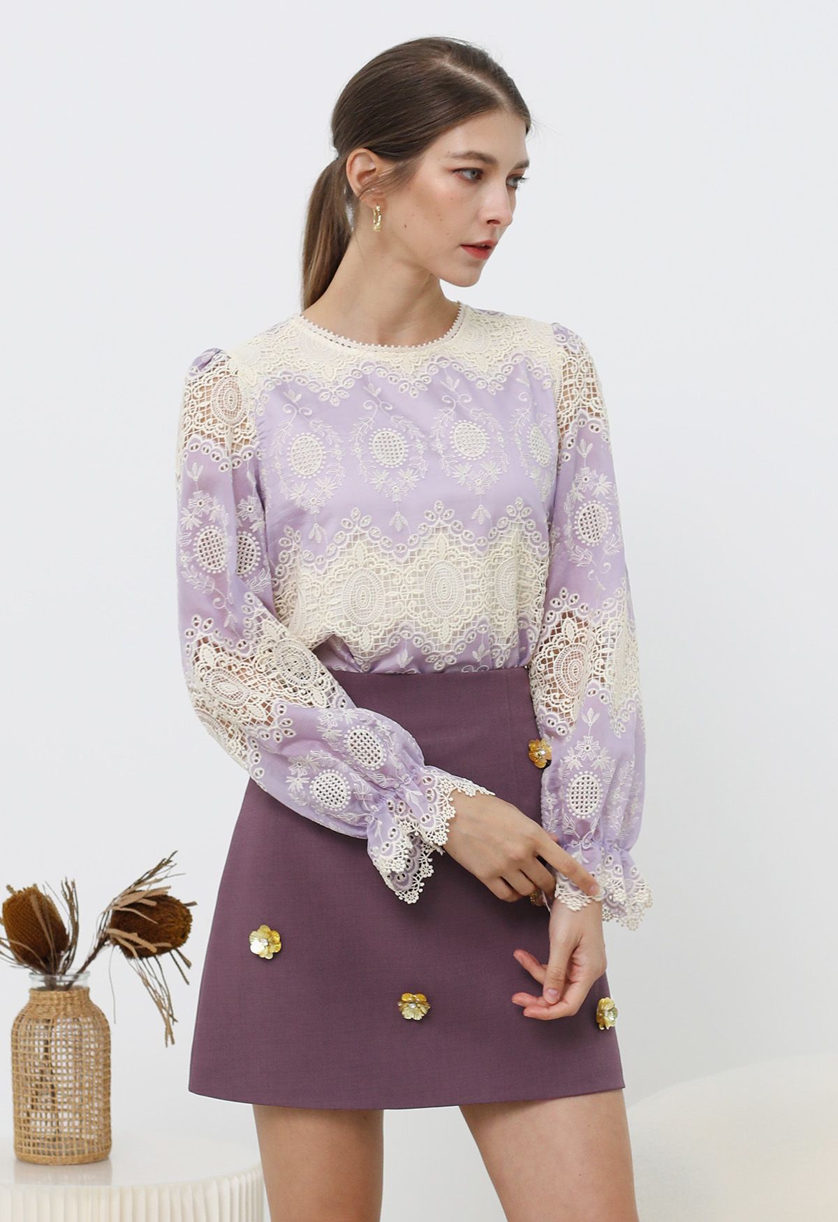 Embroidered Lace Zigzag Hemline Top in Lilac