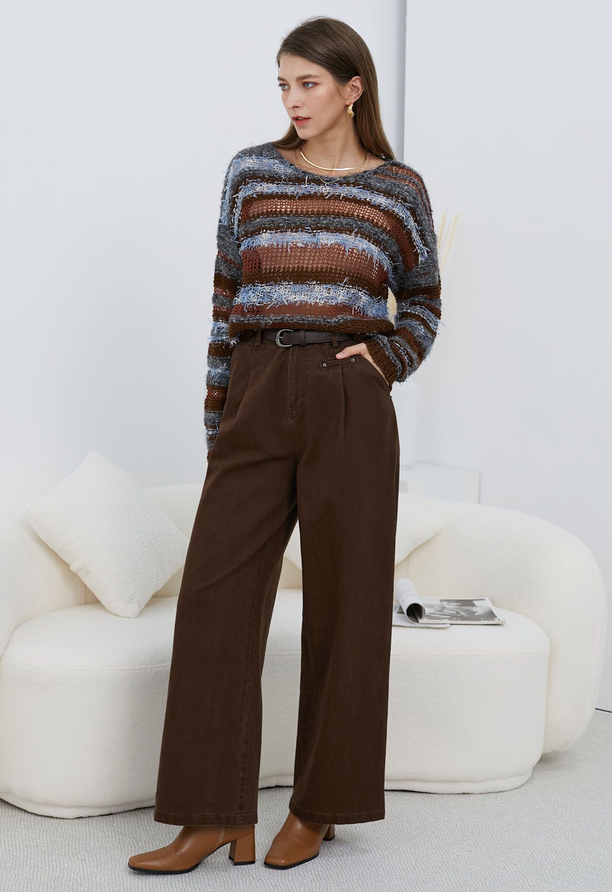 Multicolored Stripe Pointelle Fringed Knit Sweater in Burgundy