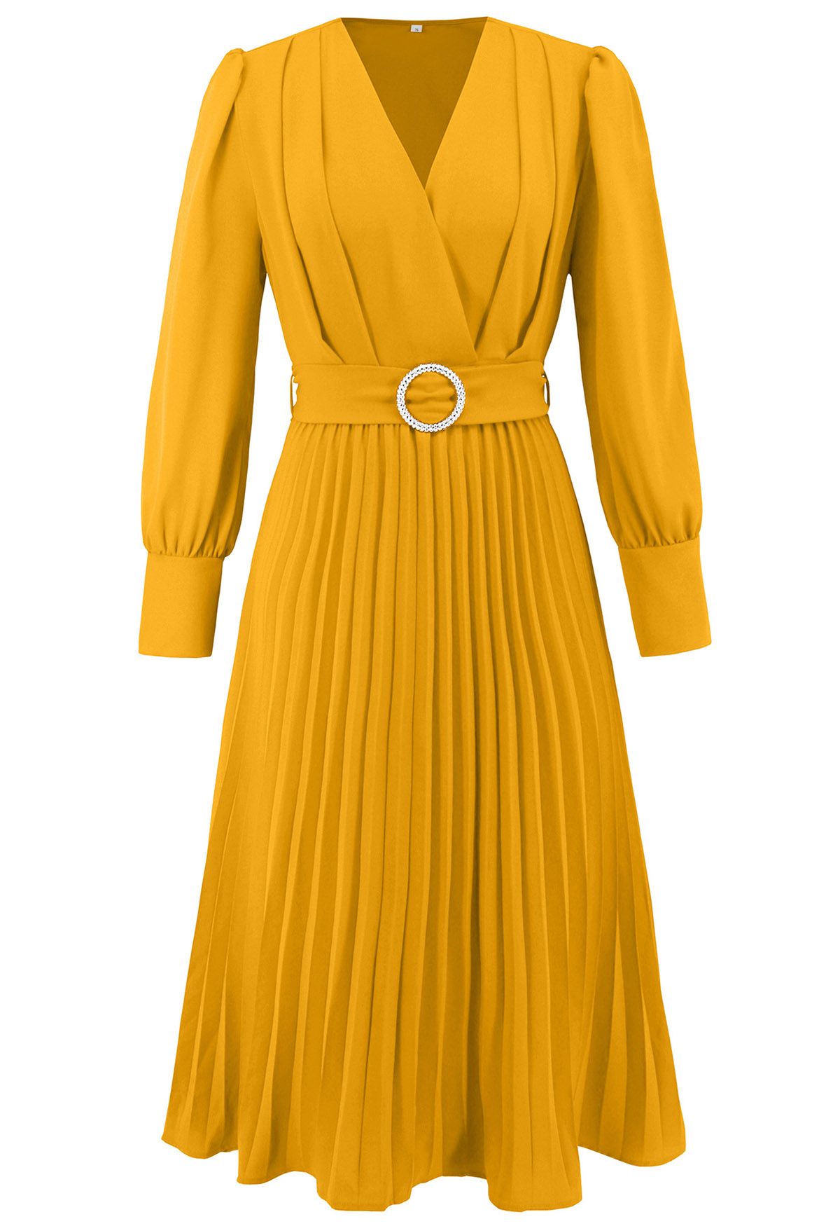 Graceful Pleats Faux-Wrap Belted Midi Dress in Yellow