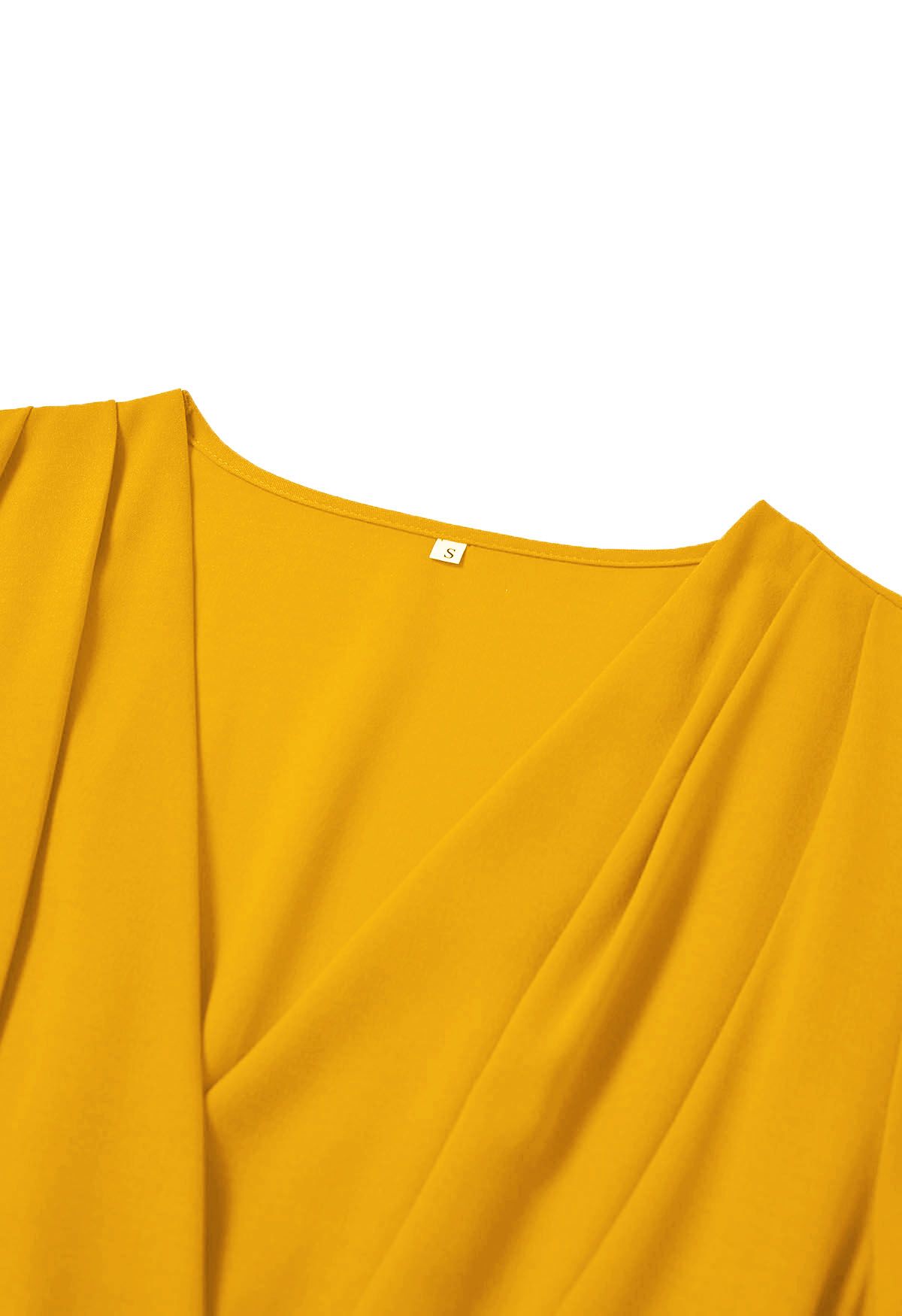 Graceful Pleats Faux-Wrap Belted Midi Dress in Yellow