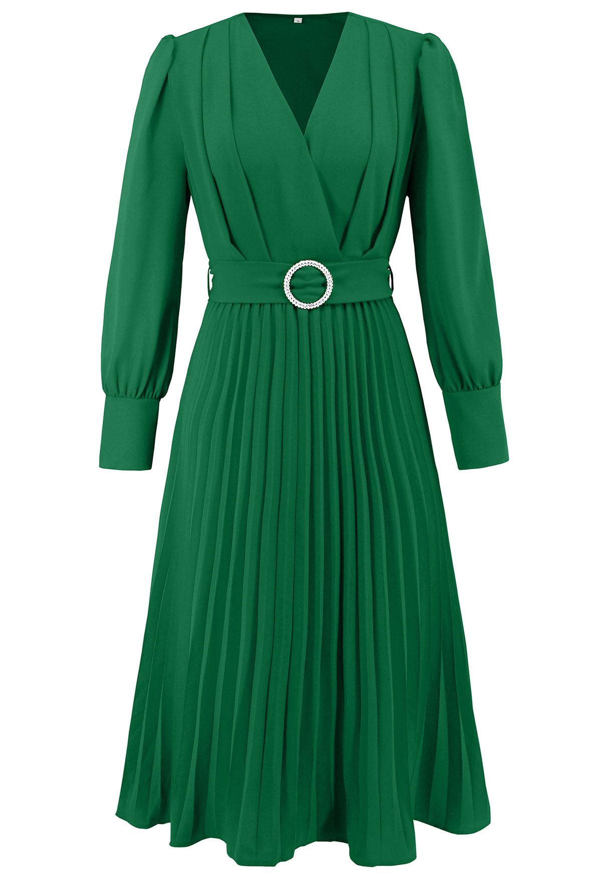 Graceful Pleats Faux-Wrap Belted Midi Dress in Green