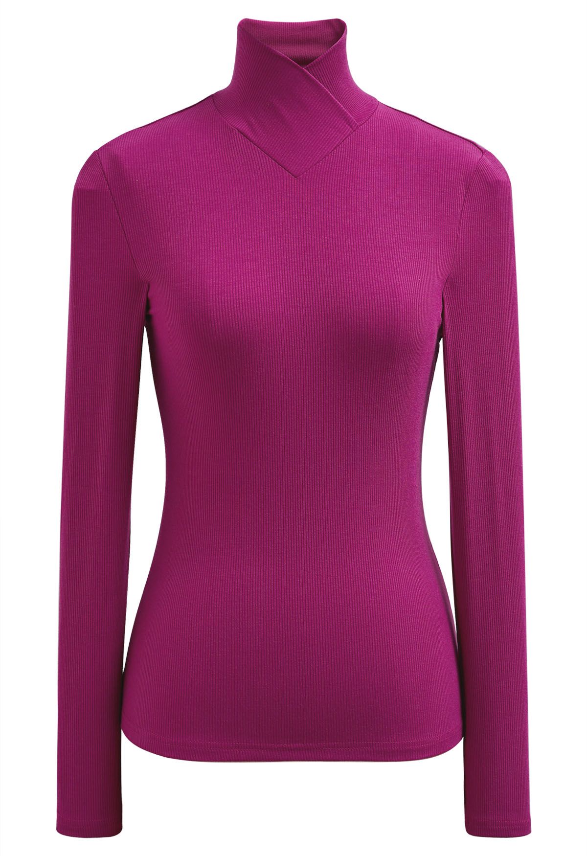 Faux-Wrap Mock Neck Long-Sleeve Top in Magenta