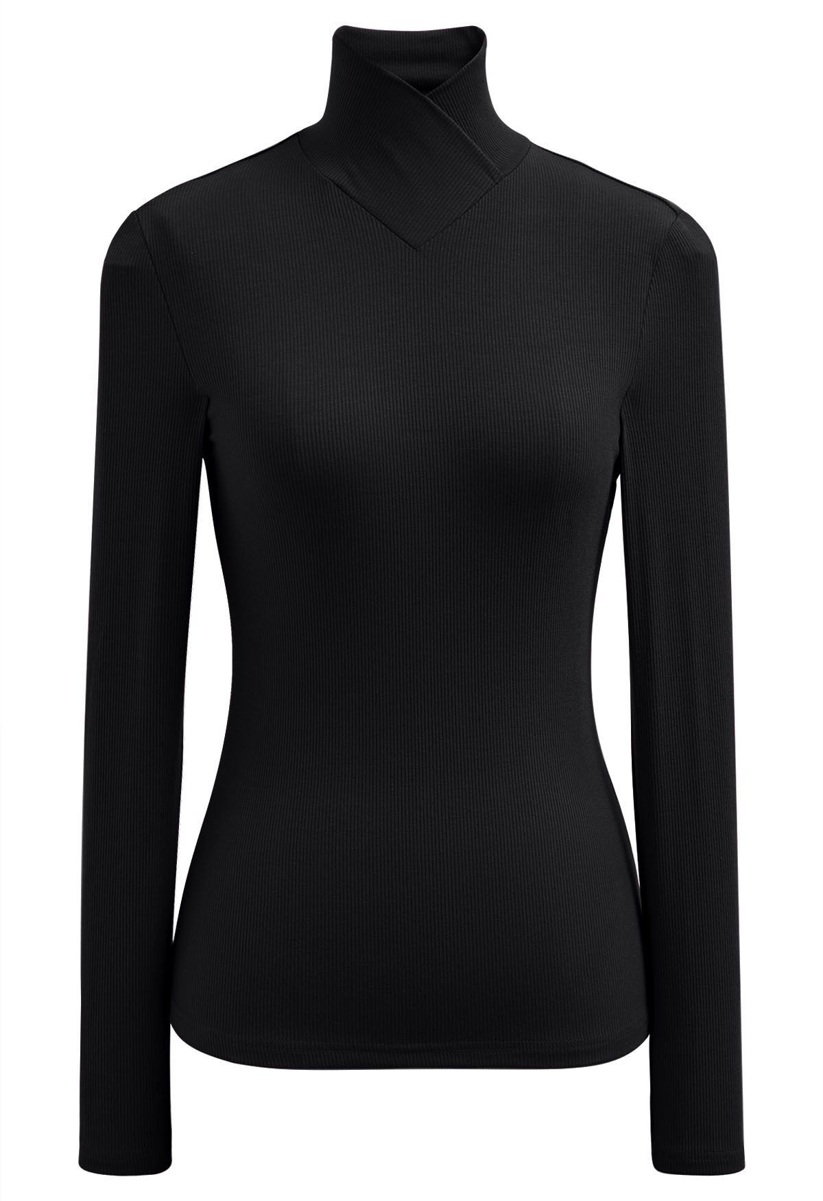 Faux-Wrap Mock Neck Long-Sleeve Top in Black