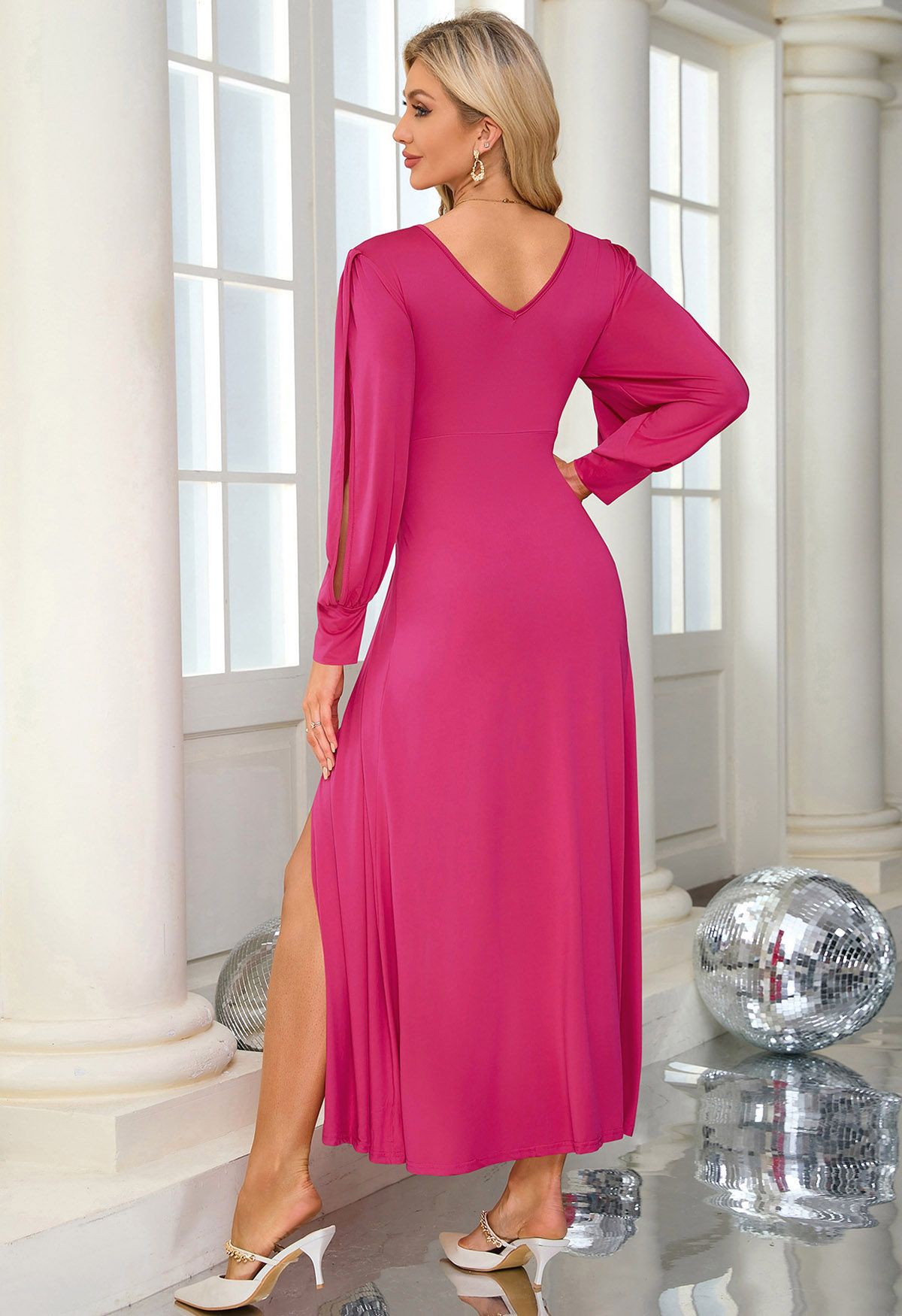 Twist Front V-Neck Cutout Sleeve Maxi Dress in Hot Pink