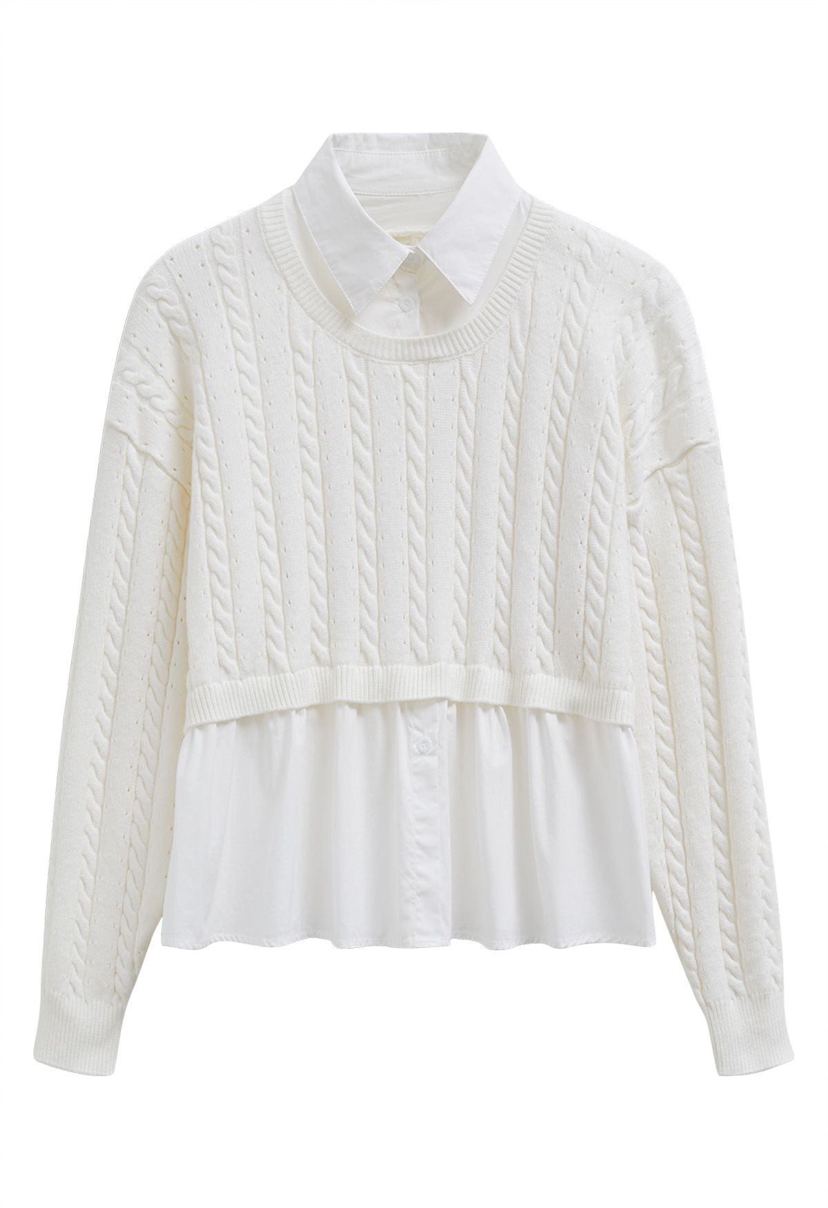 Fake Two-Piece Knit Spliced Collared Shirt in White