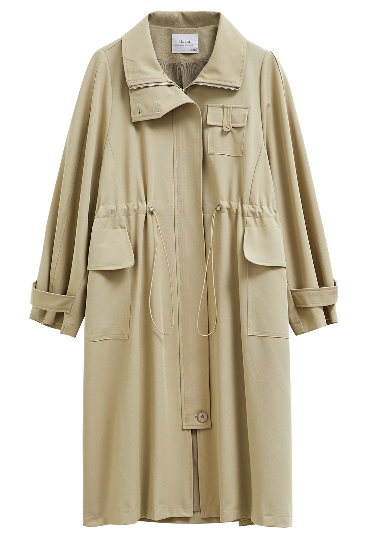 Outfitted Collared Flap Pocket Drawstring Trench Coat in Khaki