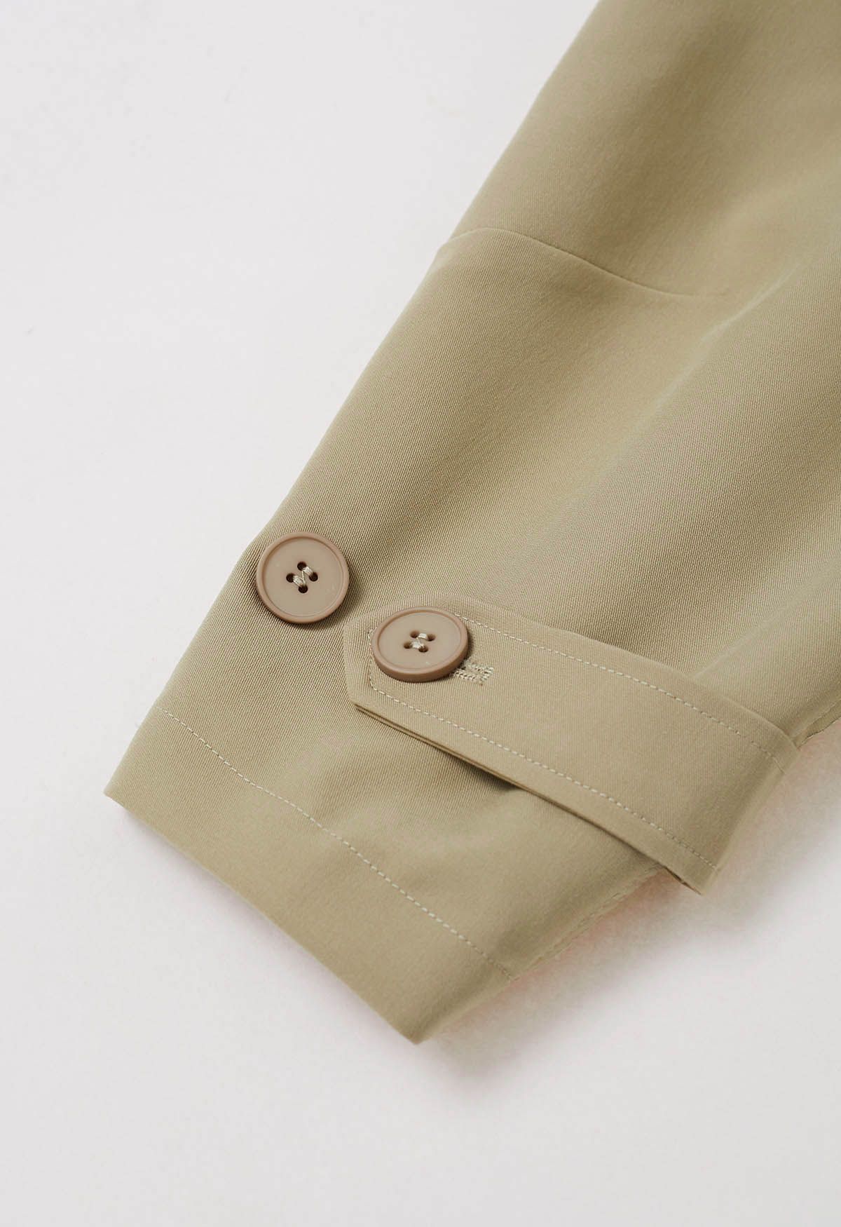 Outfitted Collared Flap Pocket Drawstring Trench Coat in Khaki