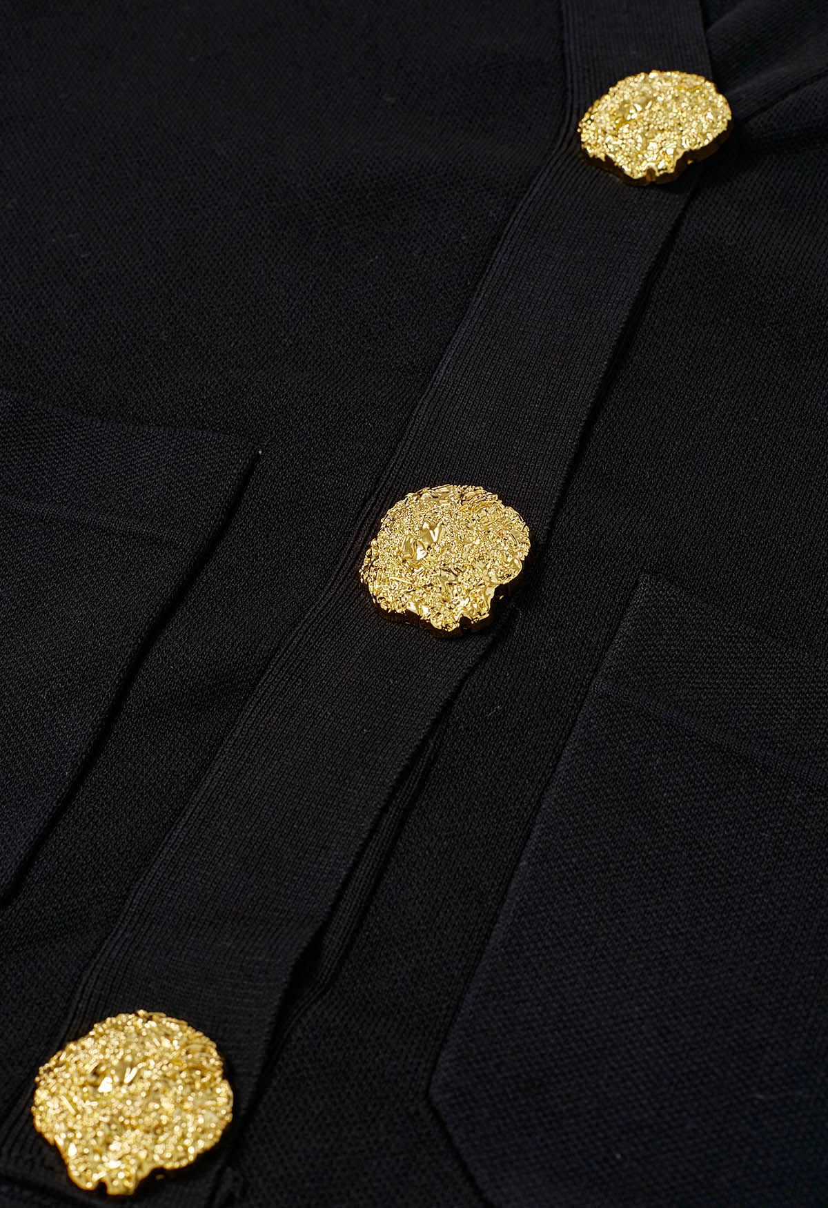 Golden Button Patch Pocket Knit Cardigan and Pants Set in Black