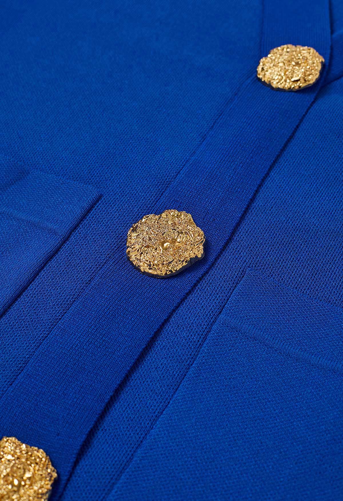 Golden Button Patch Pocket Knit Cardigan and Pants Set in Royal Blue