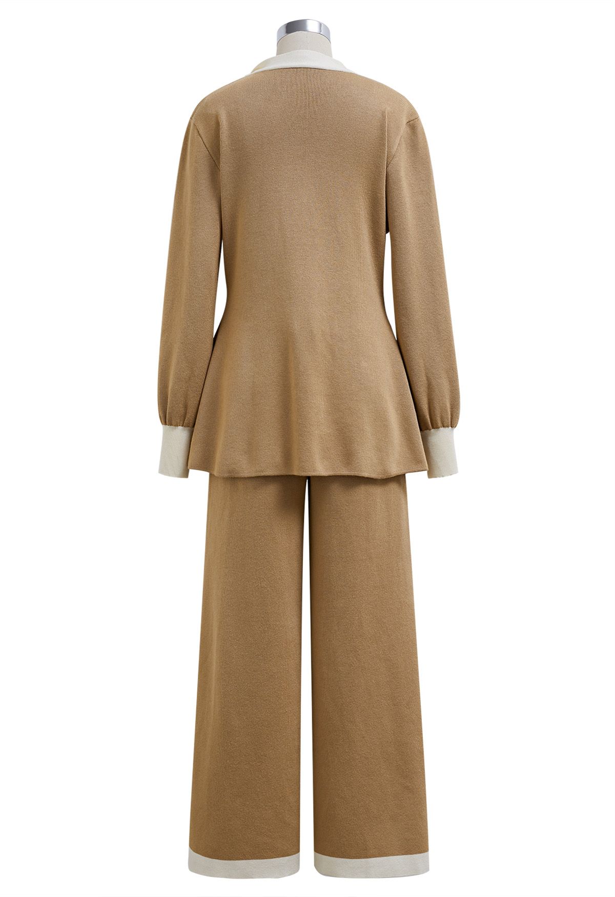 Contrast Edge Bowknot Knit Sweater and Pants Set in Camel