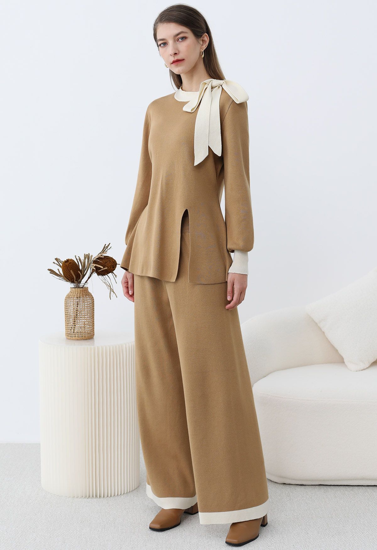 Contrast Edge Bowknot Knit Sweater and Pants Set in Camel