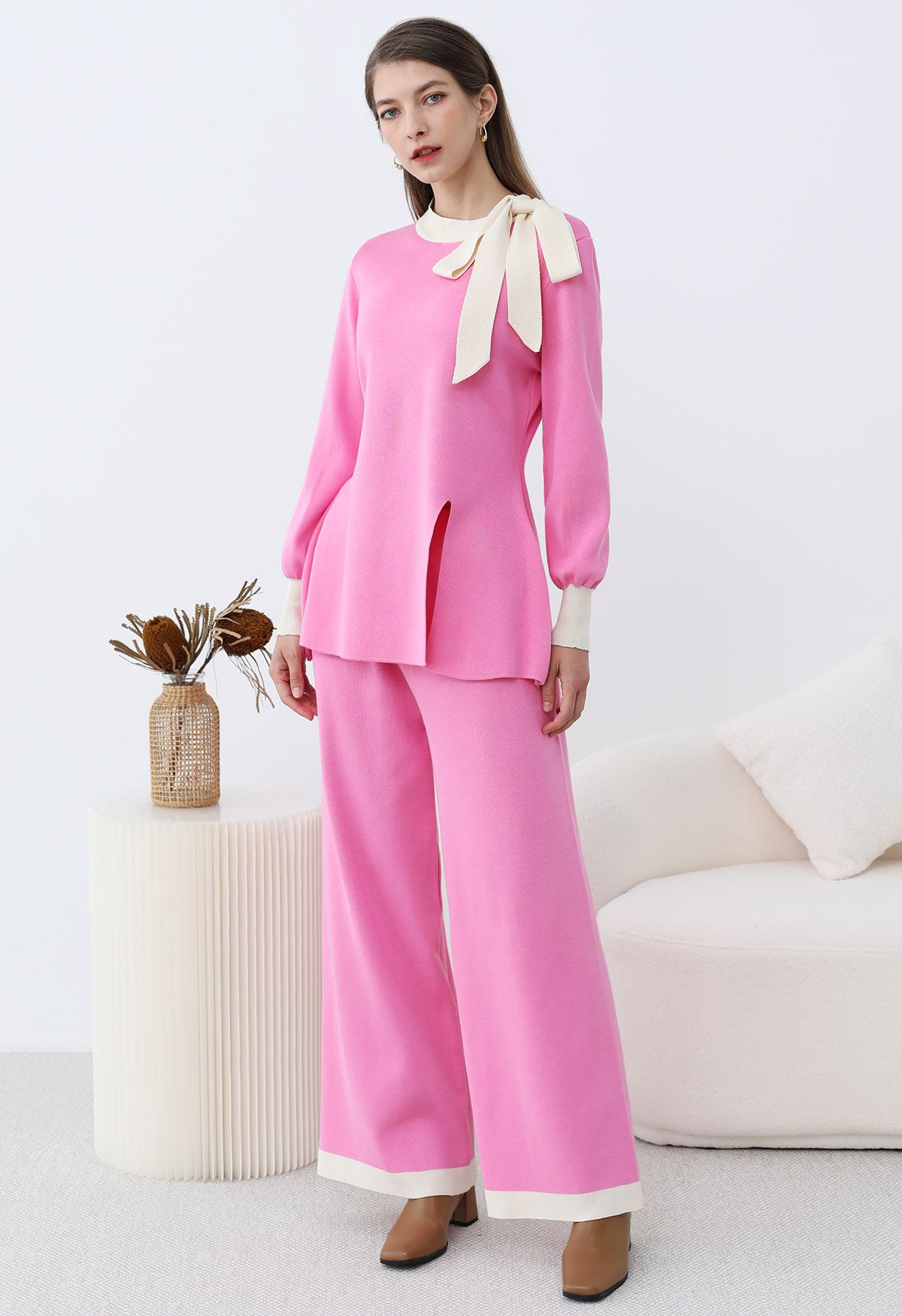 Contrast Edge Bowknot Knit Sweater and Pants Set in Candy Pink