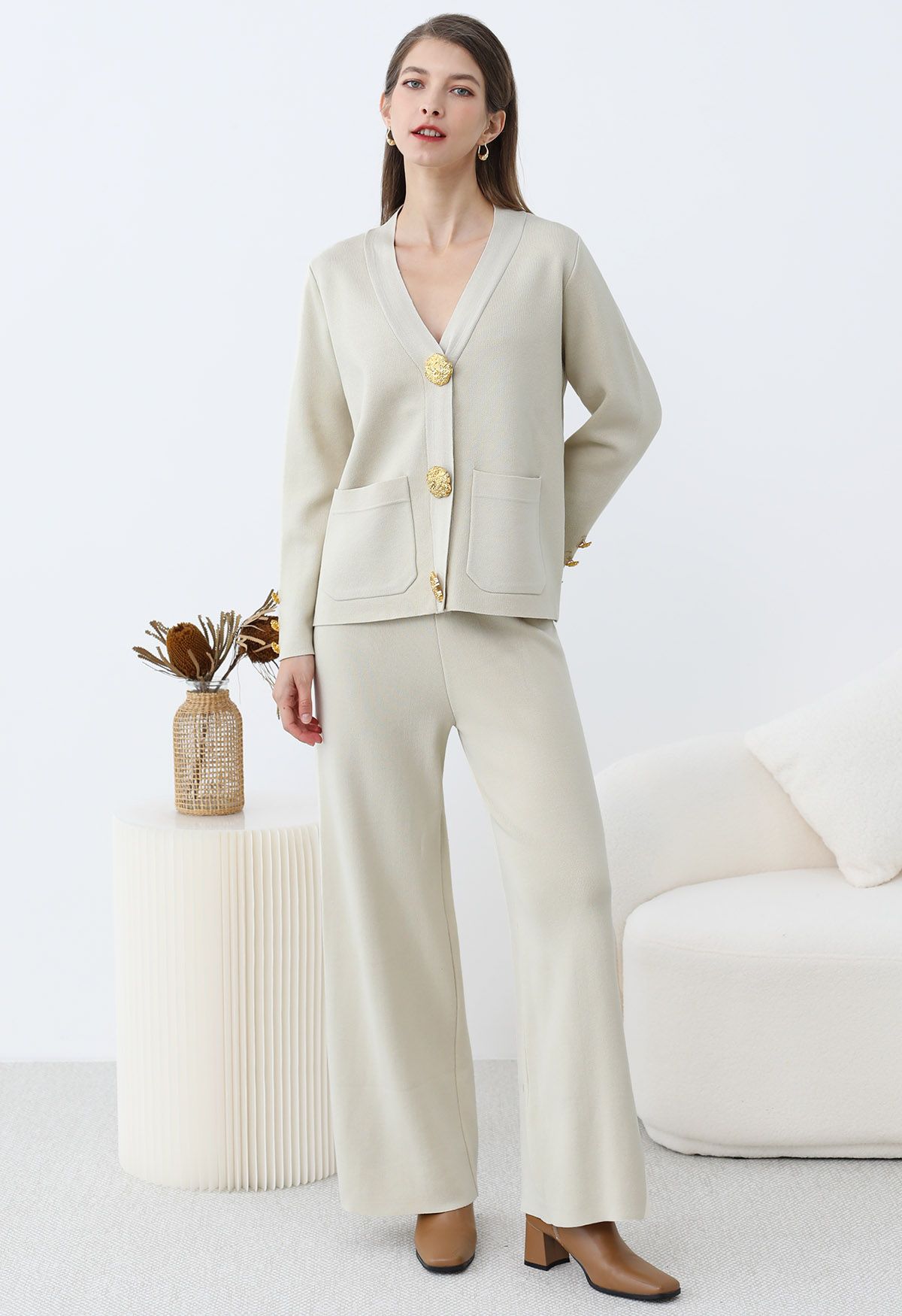 Golden Button Patch Pocket Knit Cardigan and Pants Set in Ivory