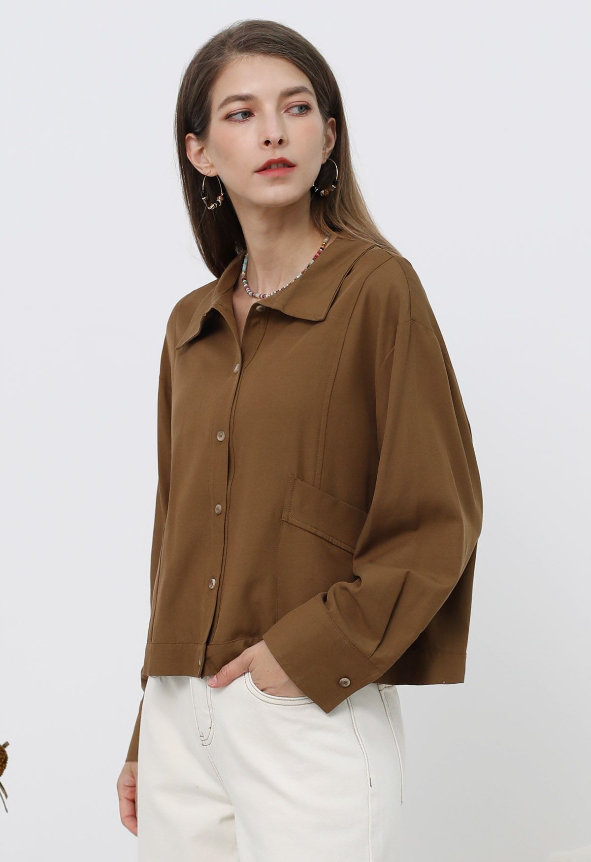 Minimalist Front Pocket Button Down Shirt in Caramel