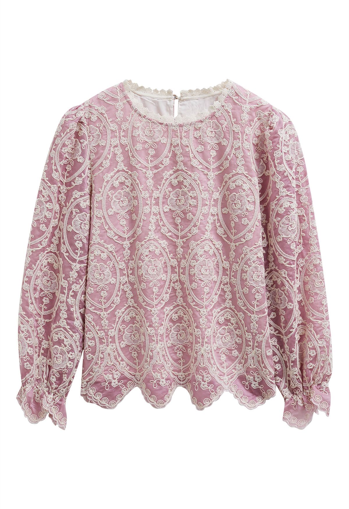 Embroidery Overlay Scalloped Long-Sleeve Top in Dusty Pink