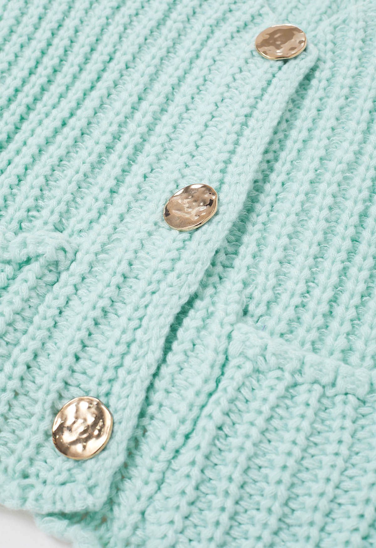 Bold Golden Buttons Patch Pocket Chunky Knit Vest in Mint