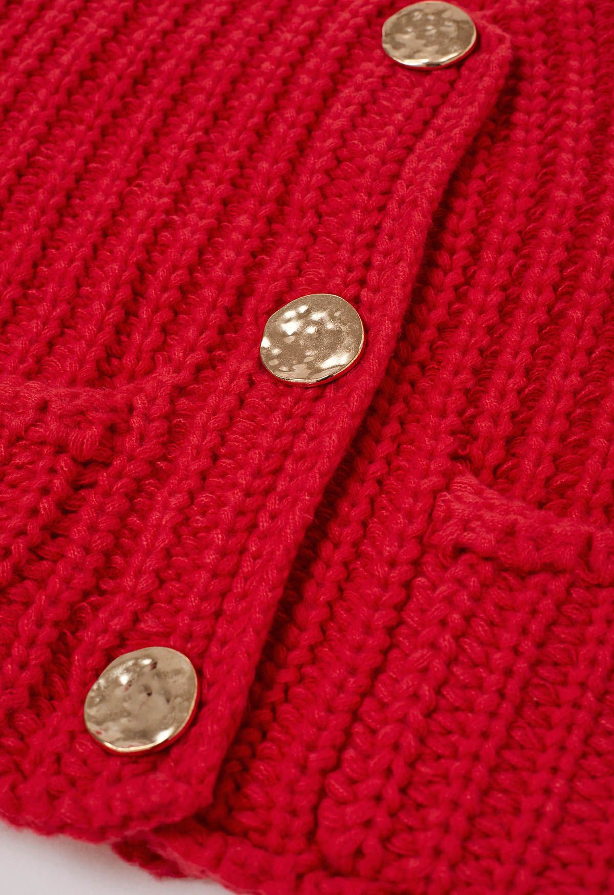 Bold Golden Buttons Patch Pocket Chunky Knit Vest in Red