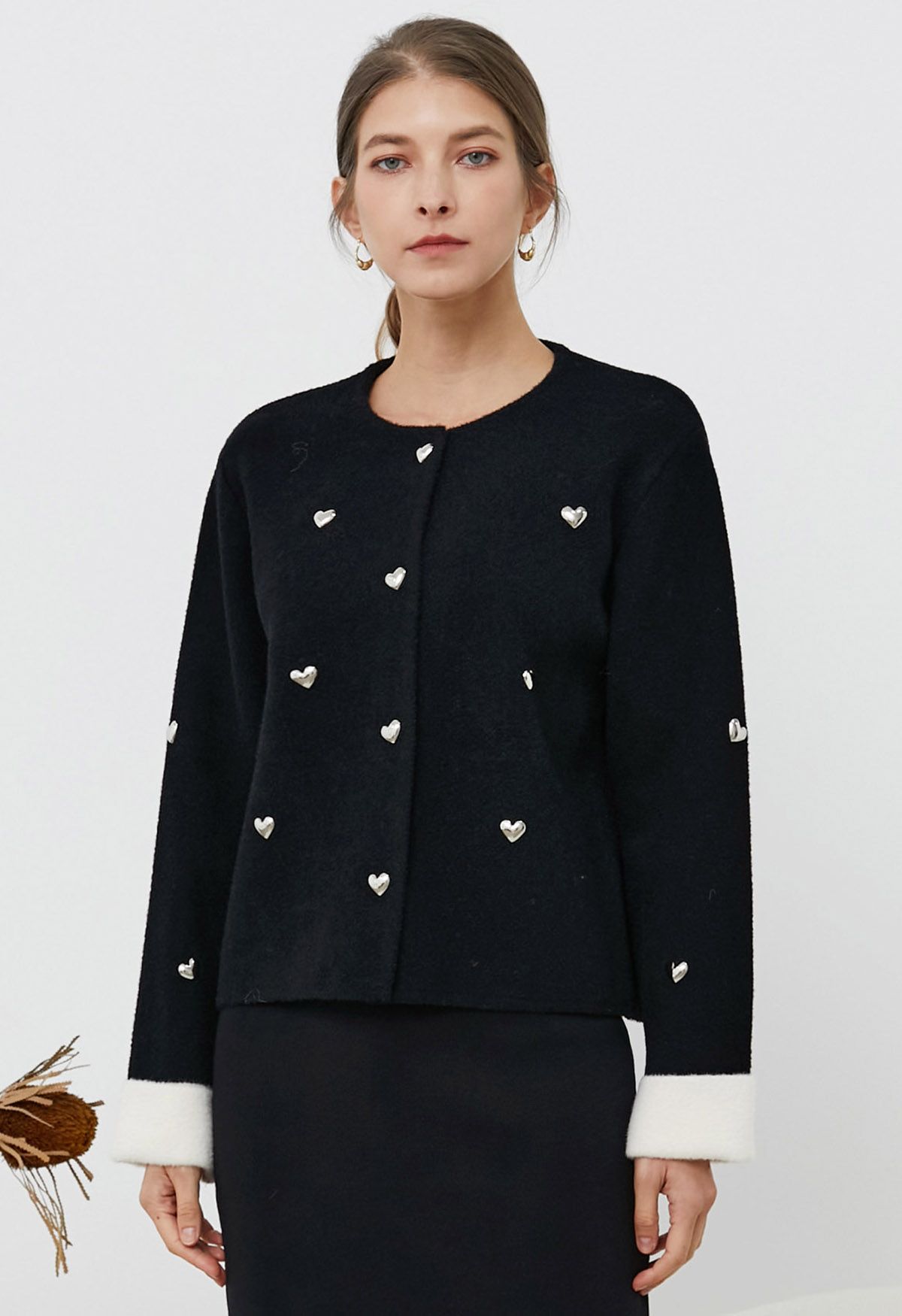 3D Heart Embellished Stud Button Contrast Cardigan in Black