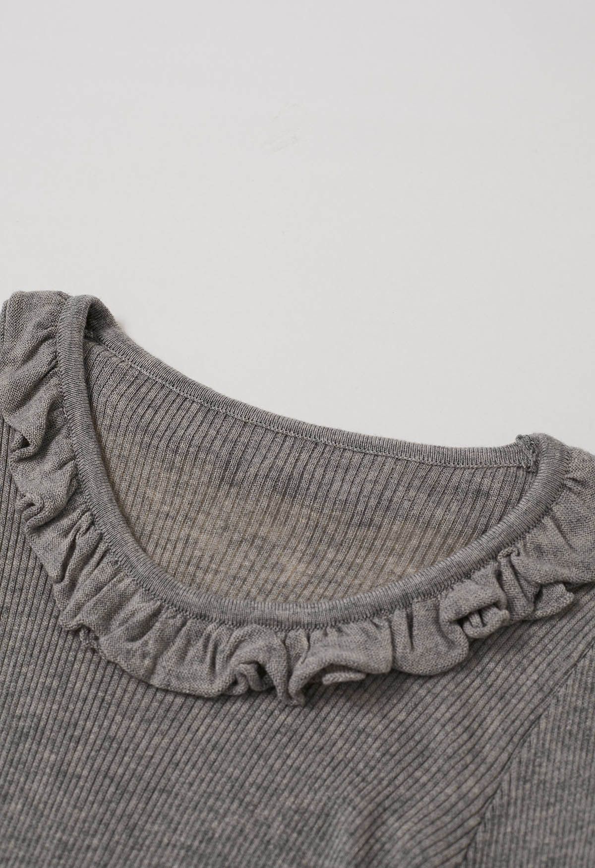 Ruffled Charm Long-Sleeve Ribbed Knit Top in Grey