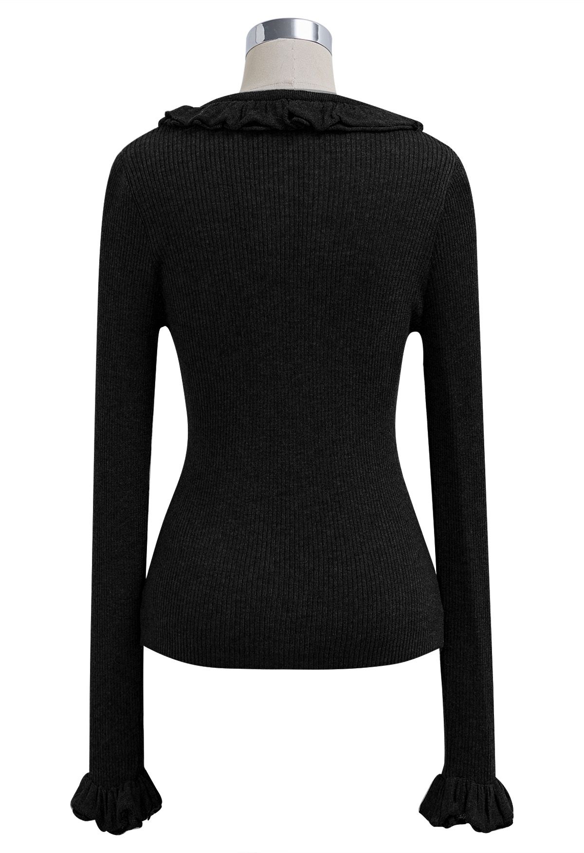 Ruffled Charm Long-Sleeve Ribbed Knit Top in Black