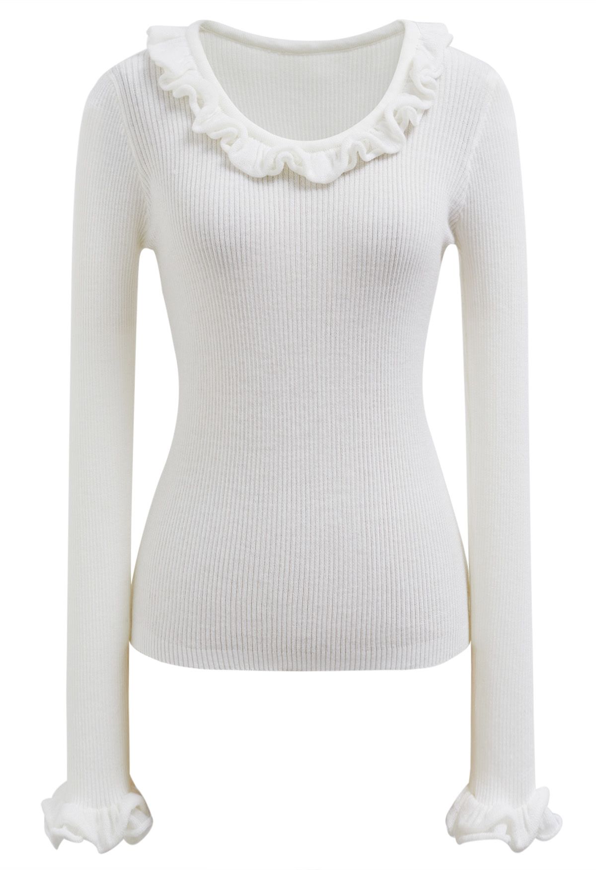 Ruffled Charm Long-Sleeve Ribbed Knit Top in White