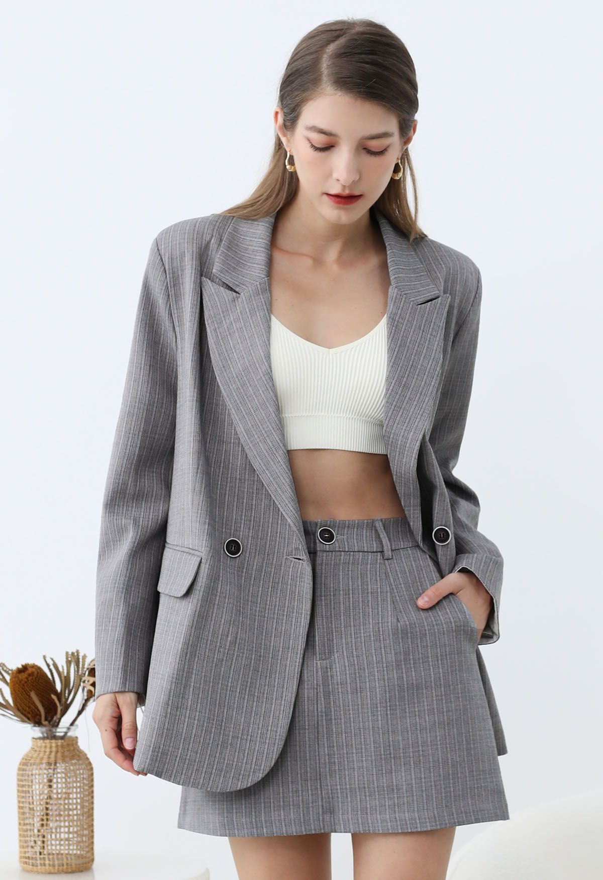 Everlasting Striped Padded Shoulder Oversized Blazer in Grey