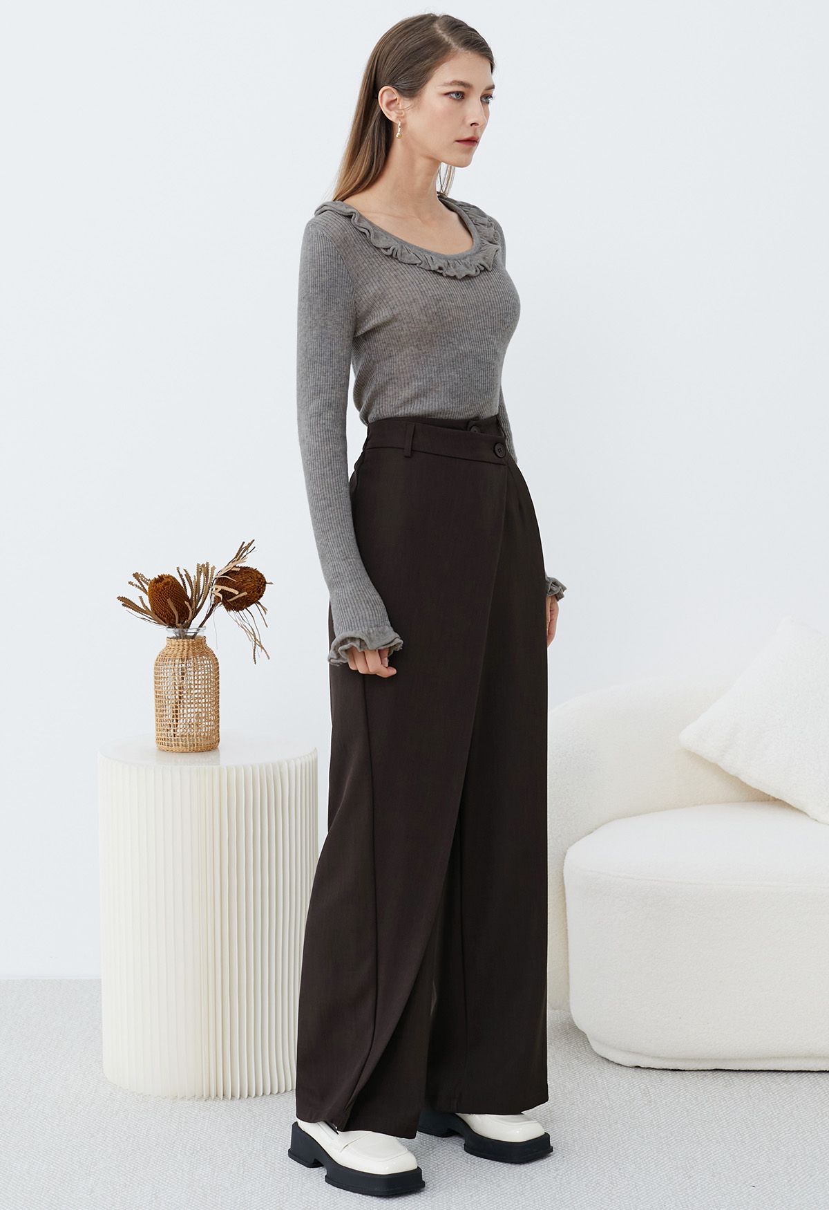 Asymmetric Flap Buttoned Straight-Leg Pants in Chocolate