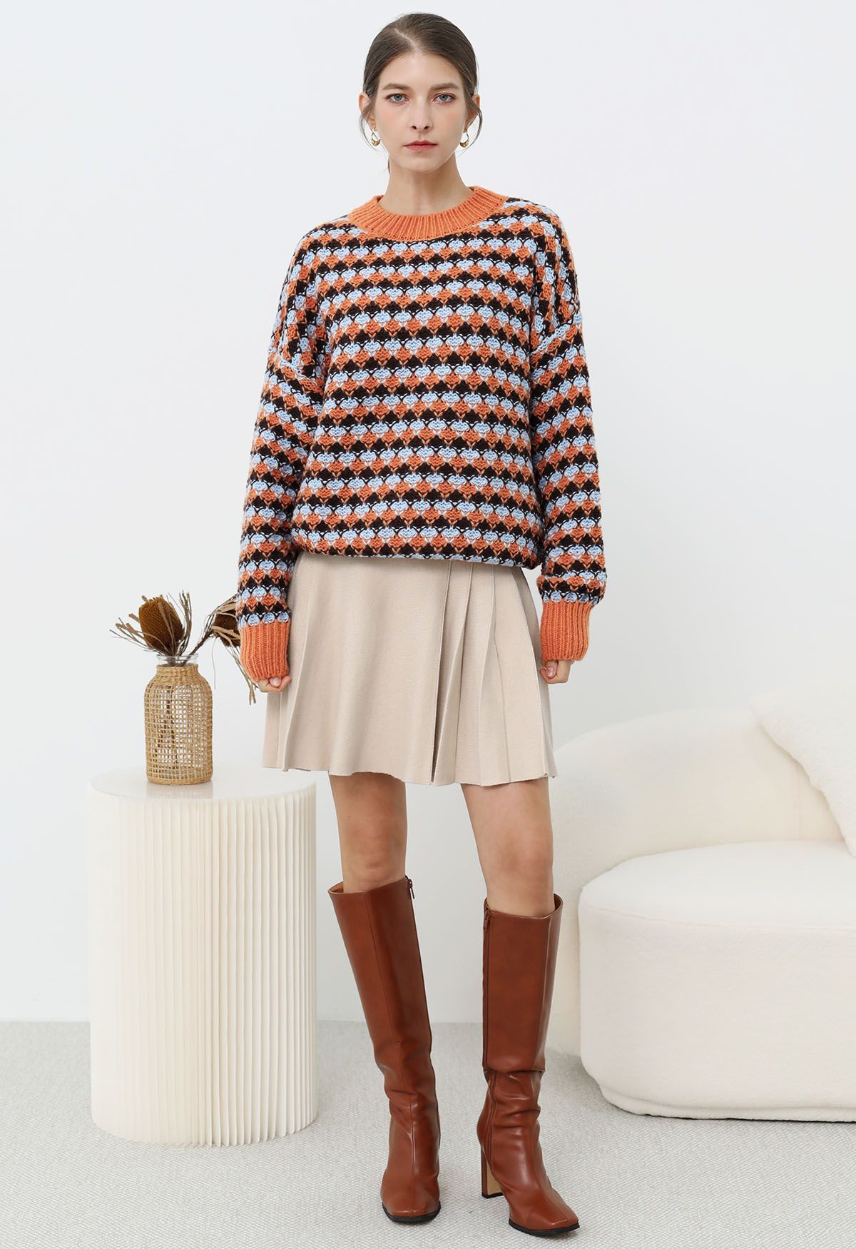 Side Pleats Knit Mini Skirt in Light Tan