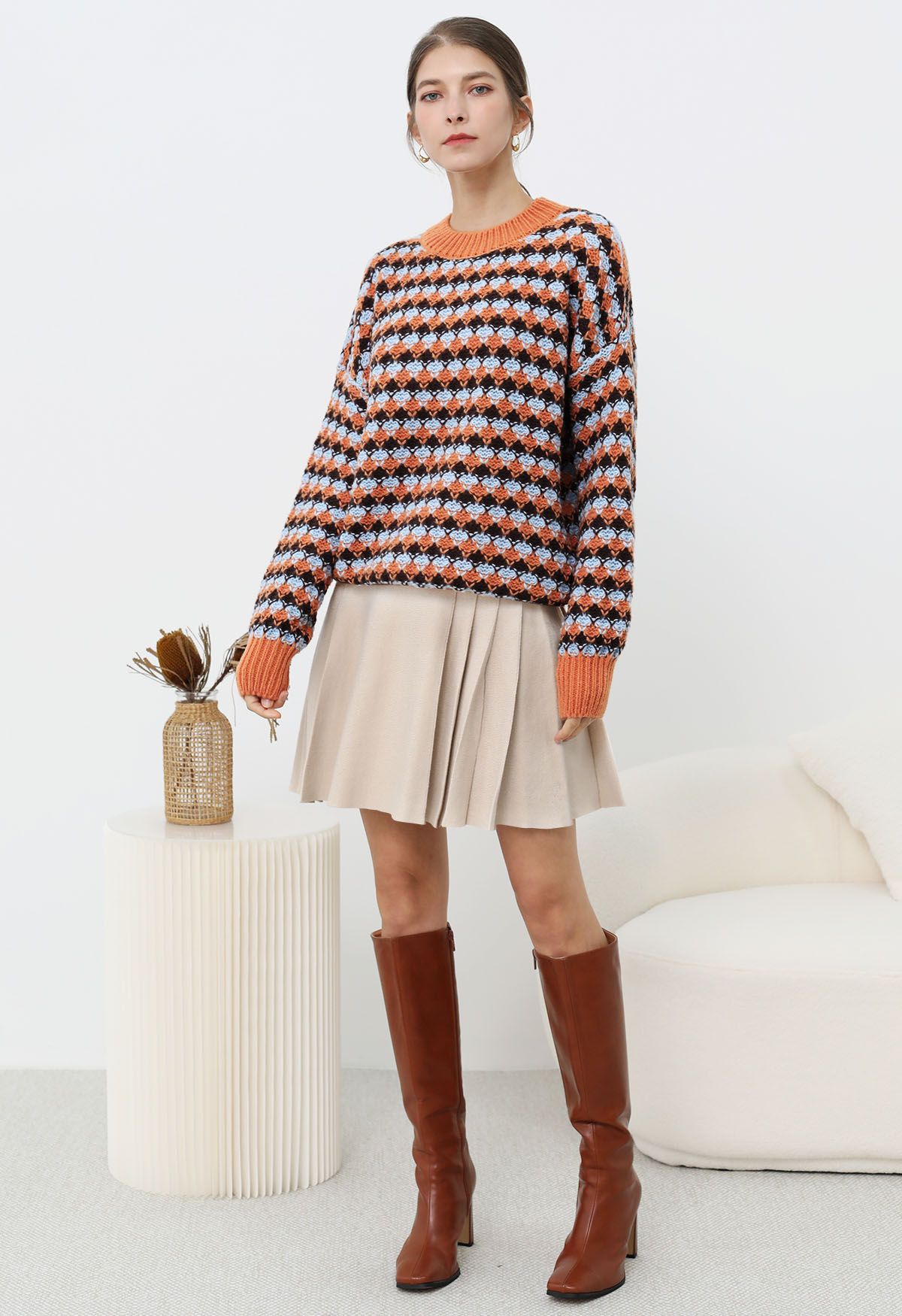 Side Pleats Knit Mini Skirt in Light Tan