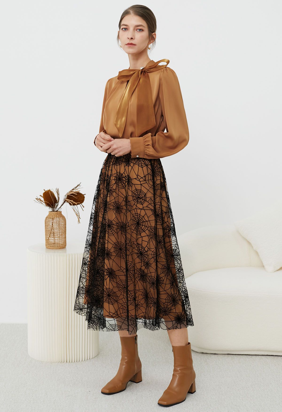 Cobweb Mystique Mesh Tulle Midi Skirt in Pumpkin