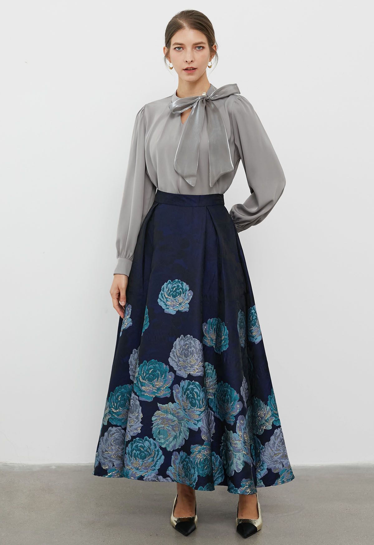 Midnight Blue Peony Jacquard Flare Maxi Skirt