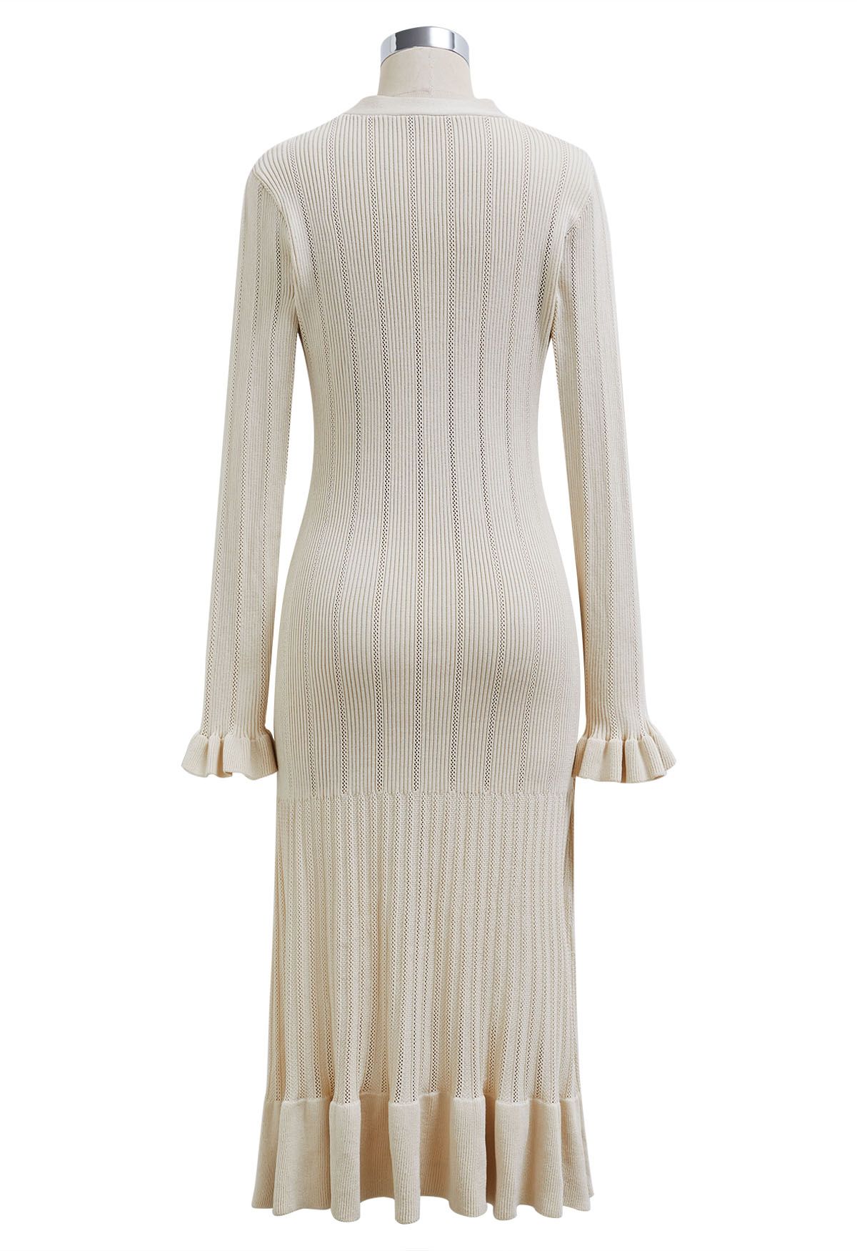 Ruffle Elegance V-Neck Buttoned Openwork Knit Dress in Ivory