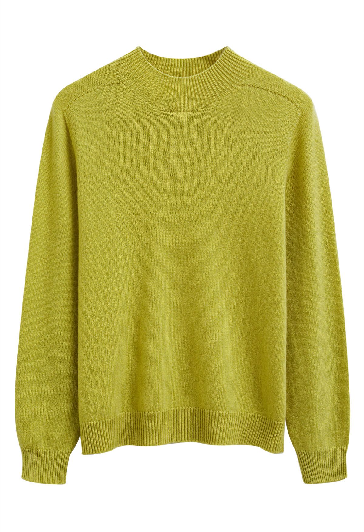 Heartwarming Mock Neck Long-Sleeve Wool Sweater in Lime