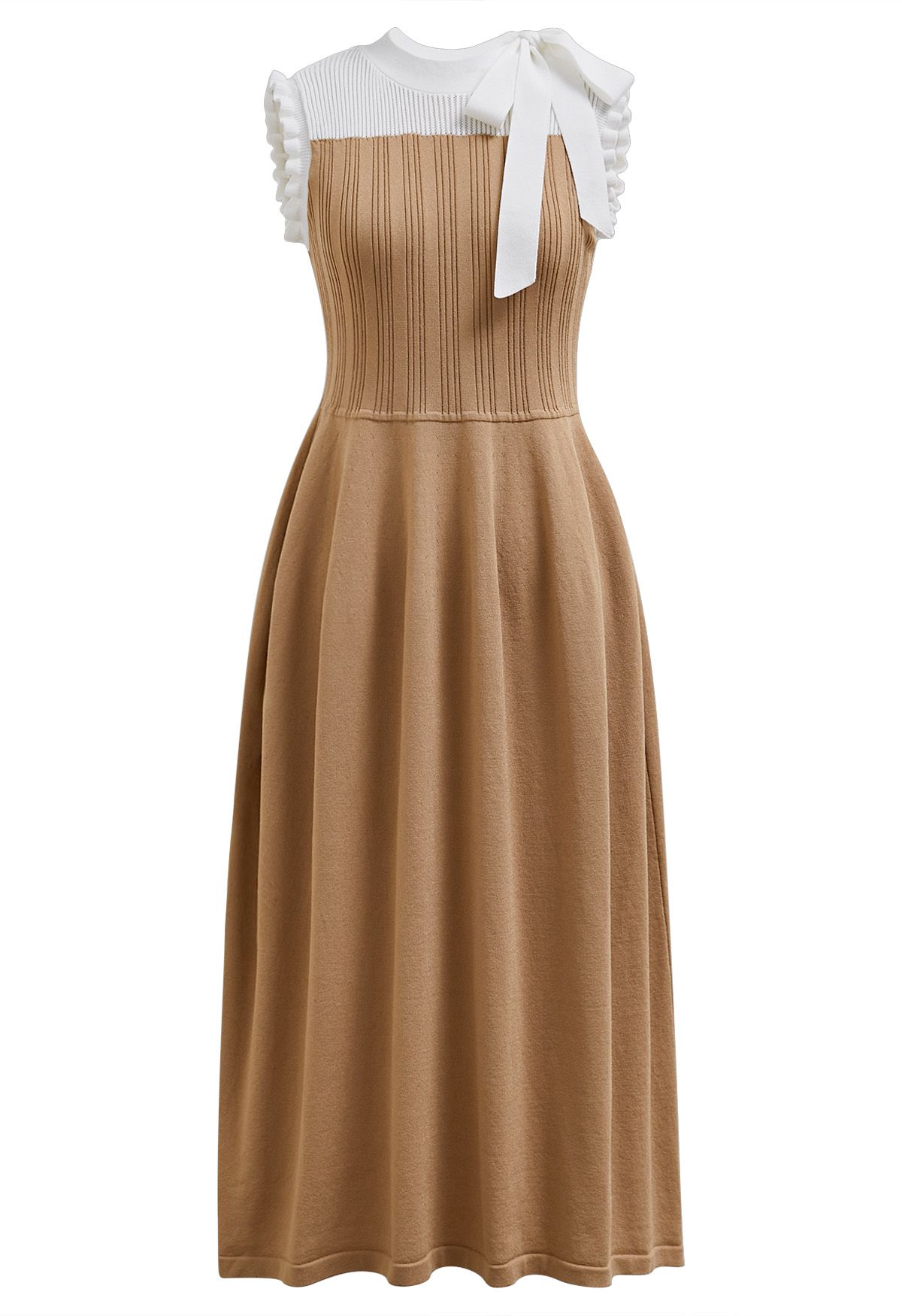 Bowknot Shoulder Ruffle Sleeveless Knit Midi Dress in Camel