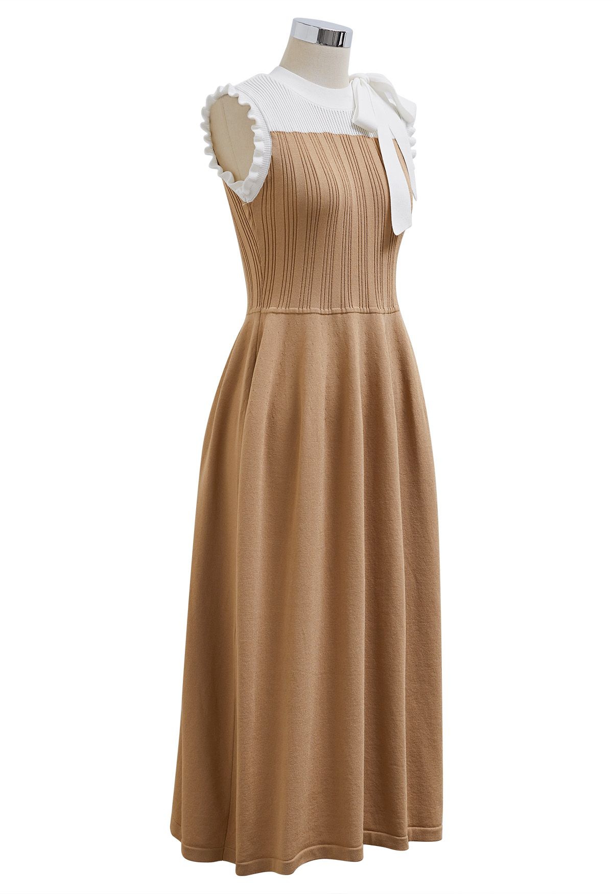 Bowknot Shoulder Ruffle Sleeveless Knit Midi Dress in Camel