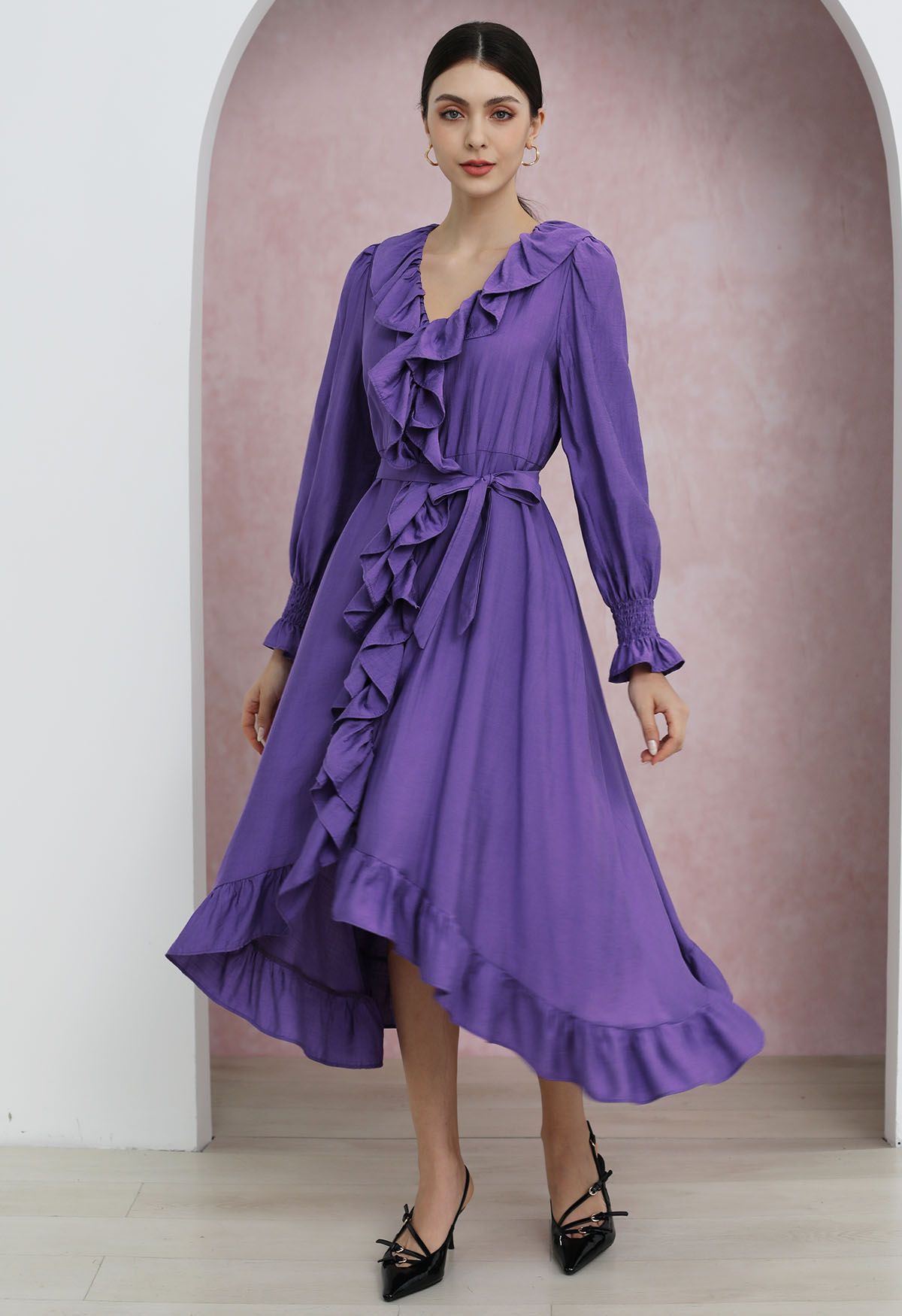 Whimsical Ruffle Asymmetric Button Down Midi Dress in Purple