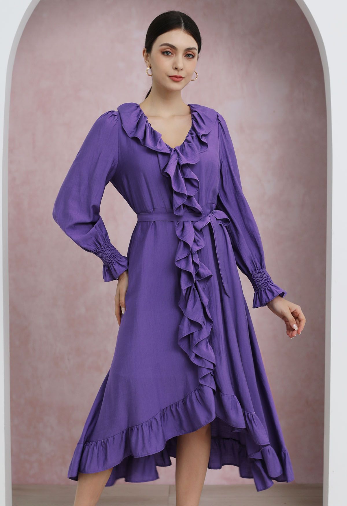 Whimsical Ruffle Asymmetric Button Down Midi Dress in Purple