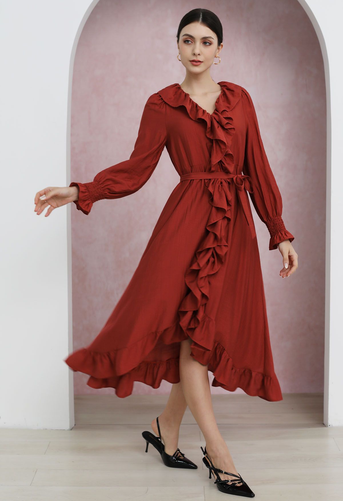 Whimsical Ruffle Asymmetric Button Down Midi Dress in Red