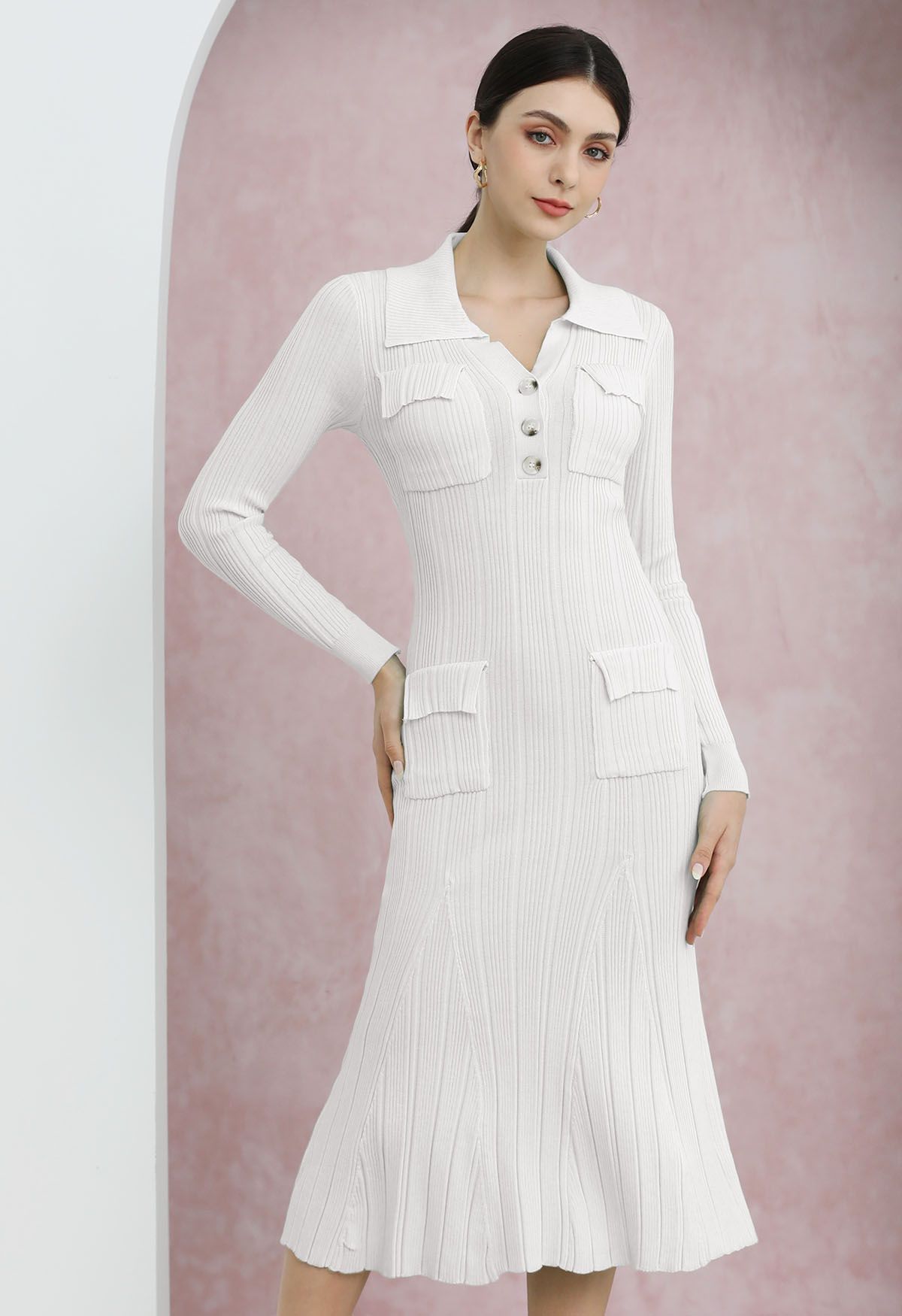 Relaxing Collared Flap Pocket Ribbed Knit Dress in White