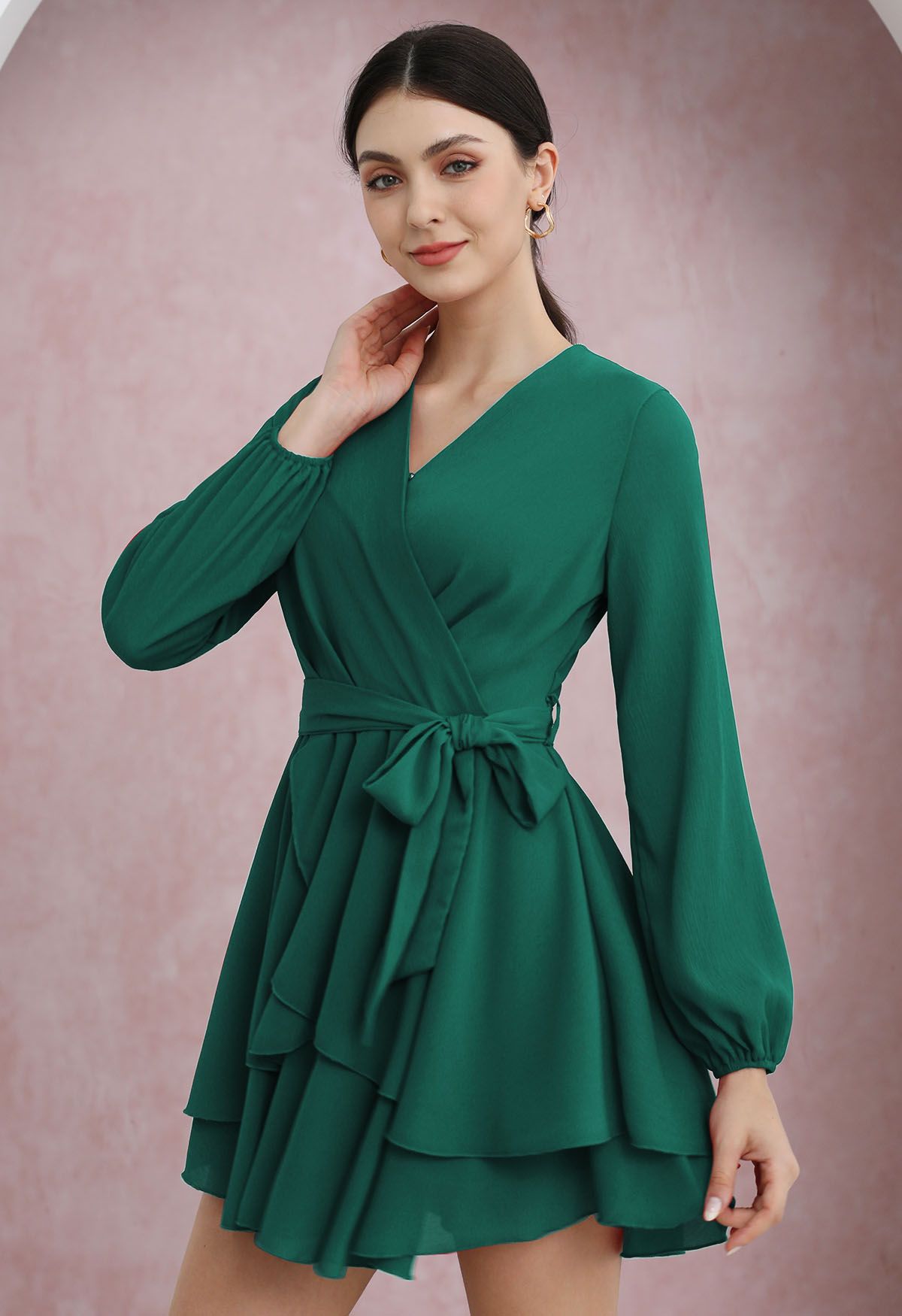 Lovable Tiered Ruffled V-Neck Wrapped Tie-Waist Mini Dress in Green