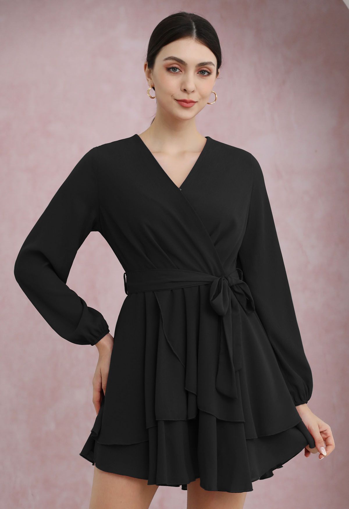 Lovable Tiered Ruffled V-Neck Wrapped Tie-Waist Mini Dress in Black