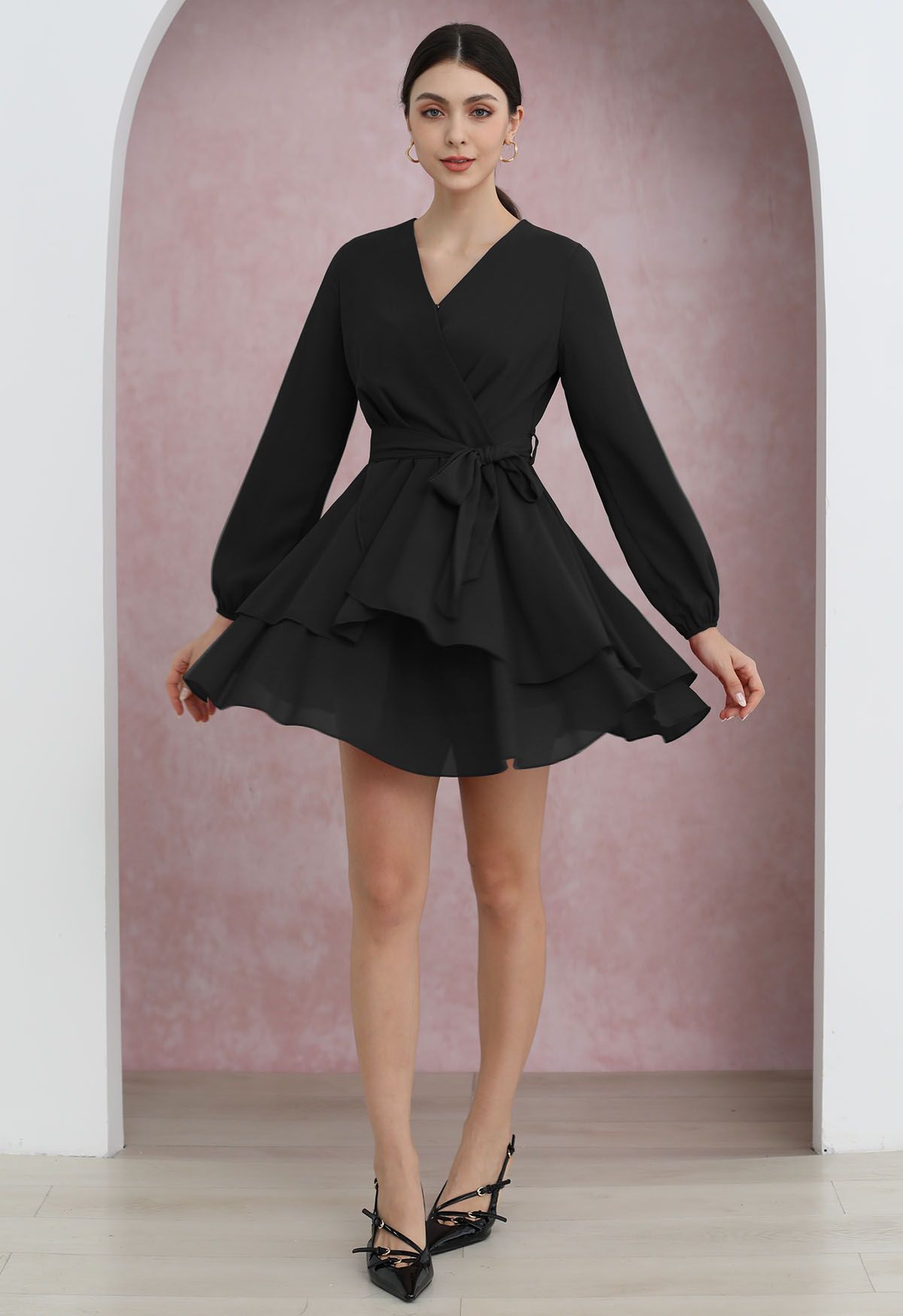 Lovable Tiered Ruffled V-Neck Wrapped Tie-Waist Mini Dress in Black